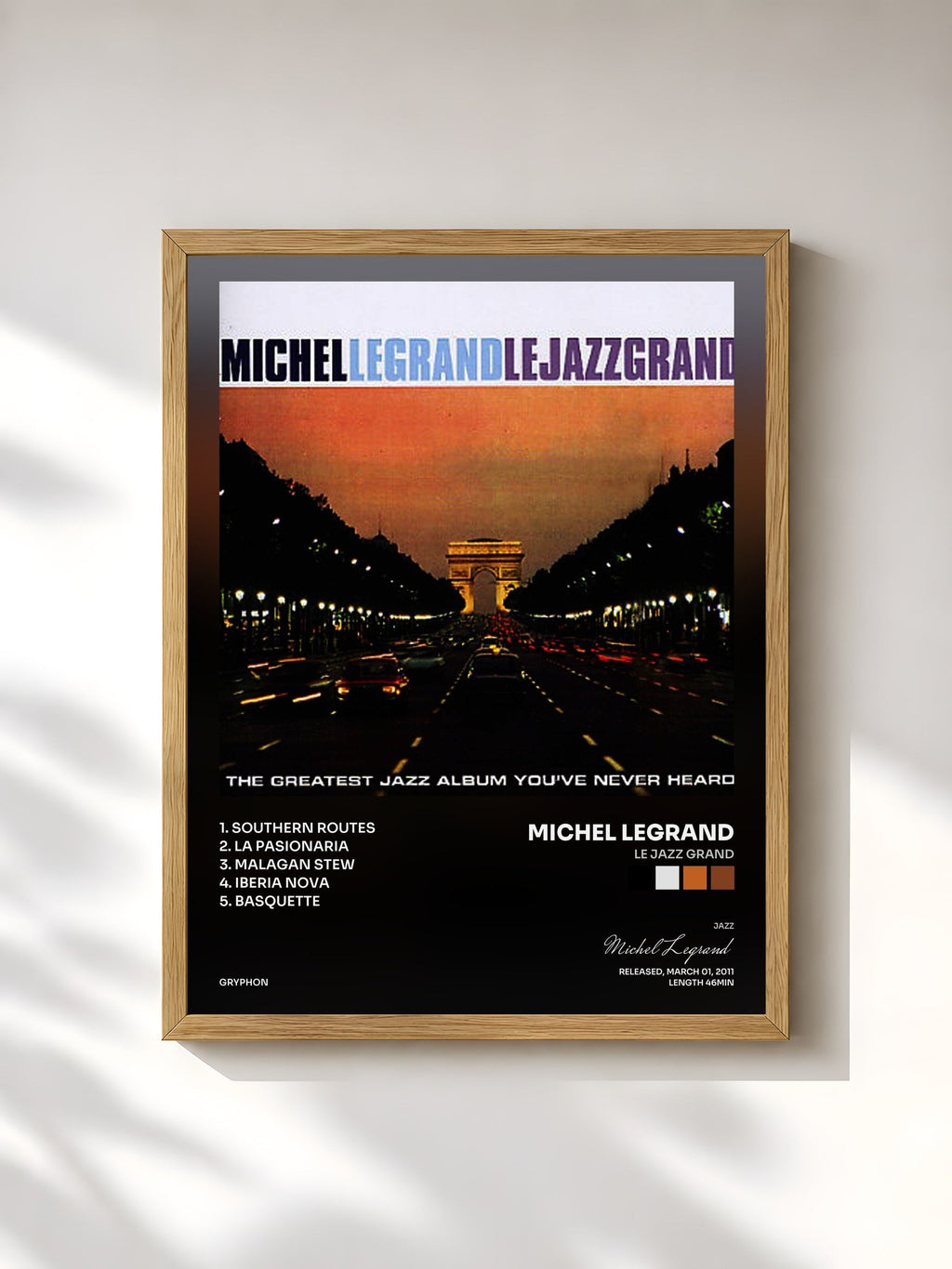 #bois Tableau de l'album Le Jazz Grand de Michel Legrand, cadre en bois brut, imprimé et encadré en France