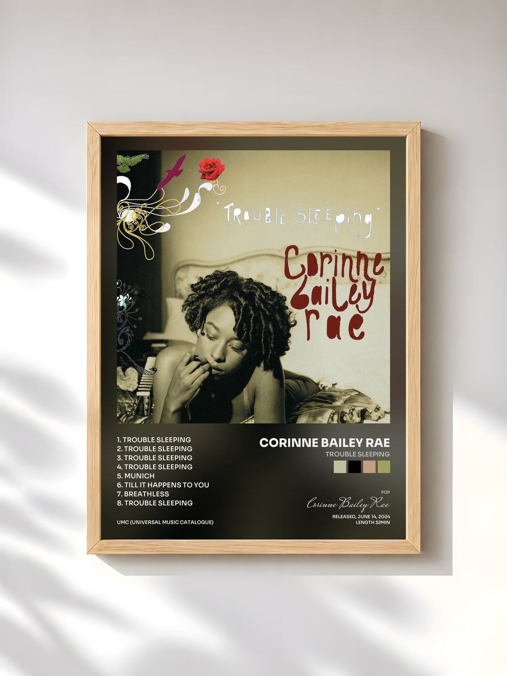 #bois Tableau de l'album Trouble Sleeping de Corinne Bailey Rae, cadre en bois brut, imprimé et encadré en France