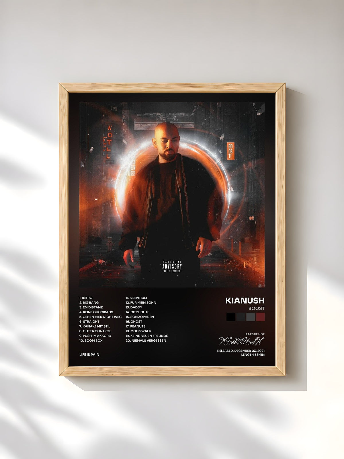 #bois Tableau de l'album Boost de KIANUSH, cadre en bois brut, imprimé et encadré en France