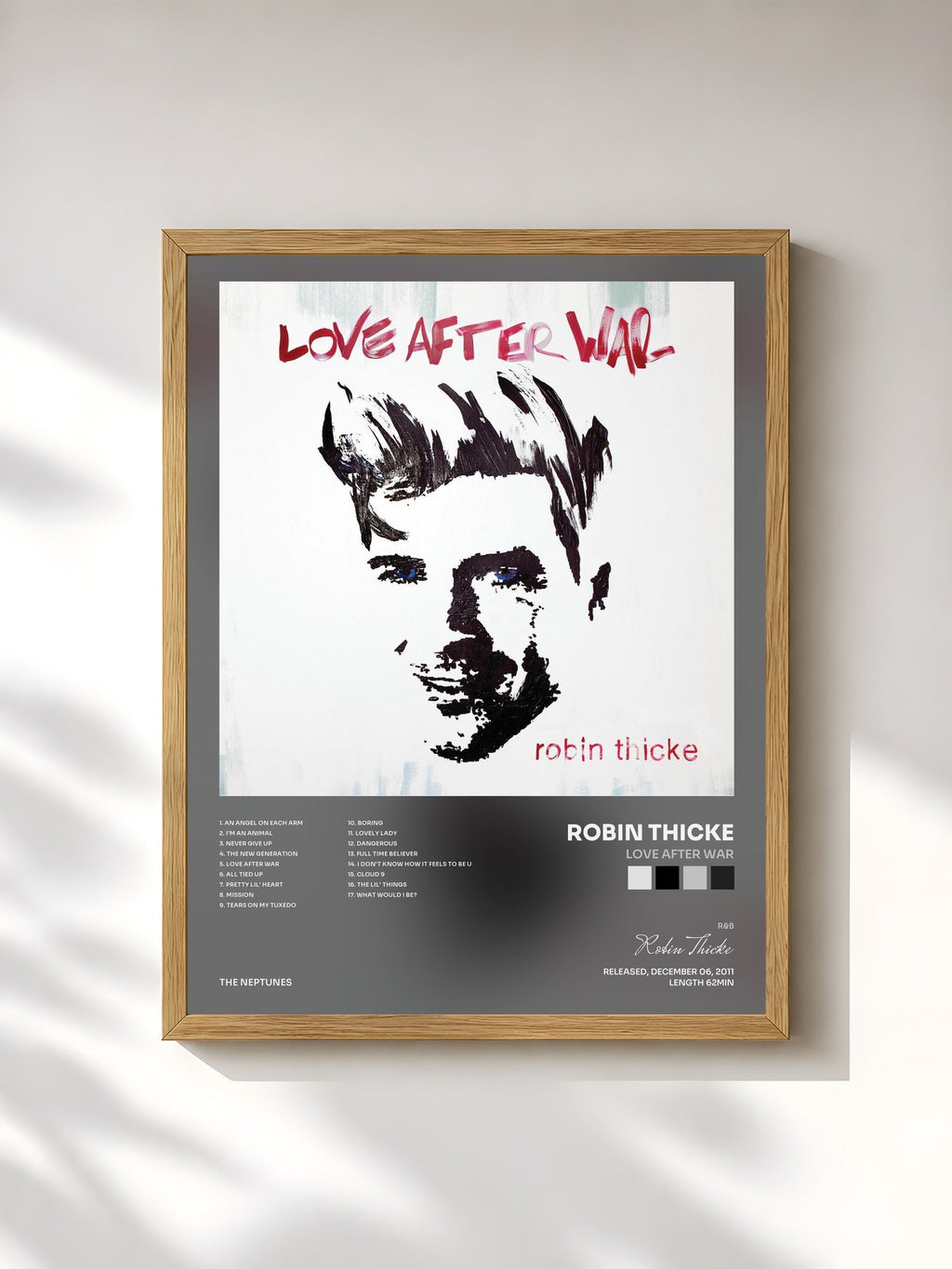 #bois Tableau de l'album Love After War de Robin Thicke, cadre en bois brut, imprimé et encadré en France