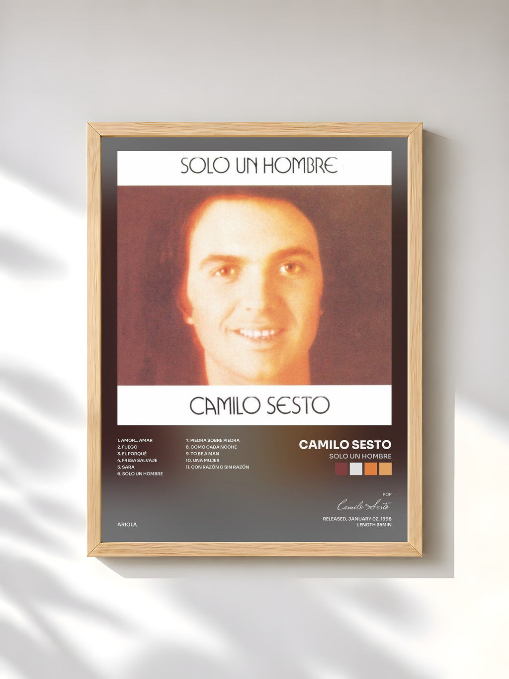 #bois Tableau de l'album Solo un Hombre de Camilo Sesto, cadre en bois brut, imprimé et encadré en France
