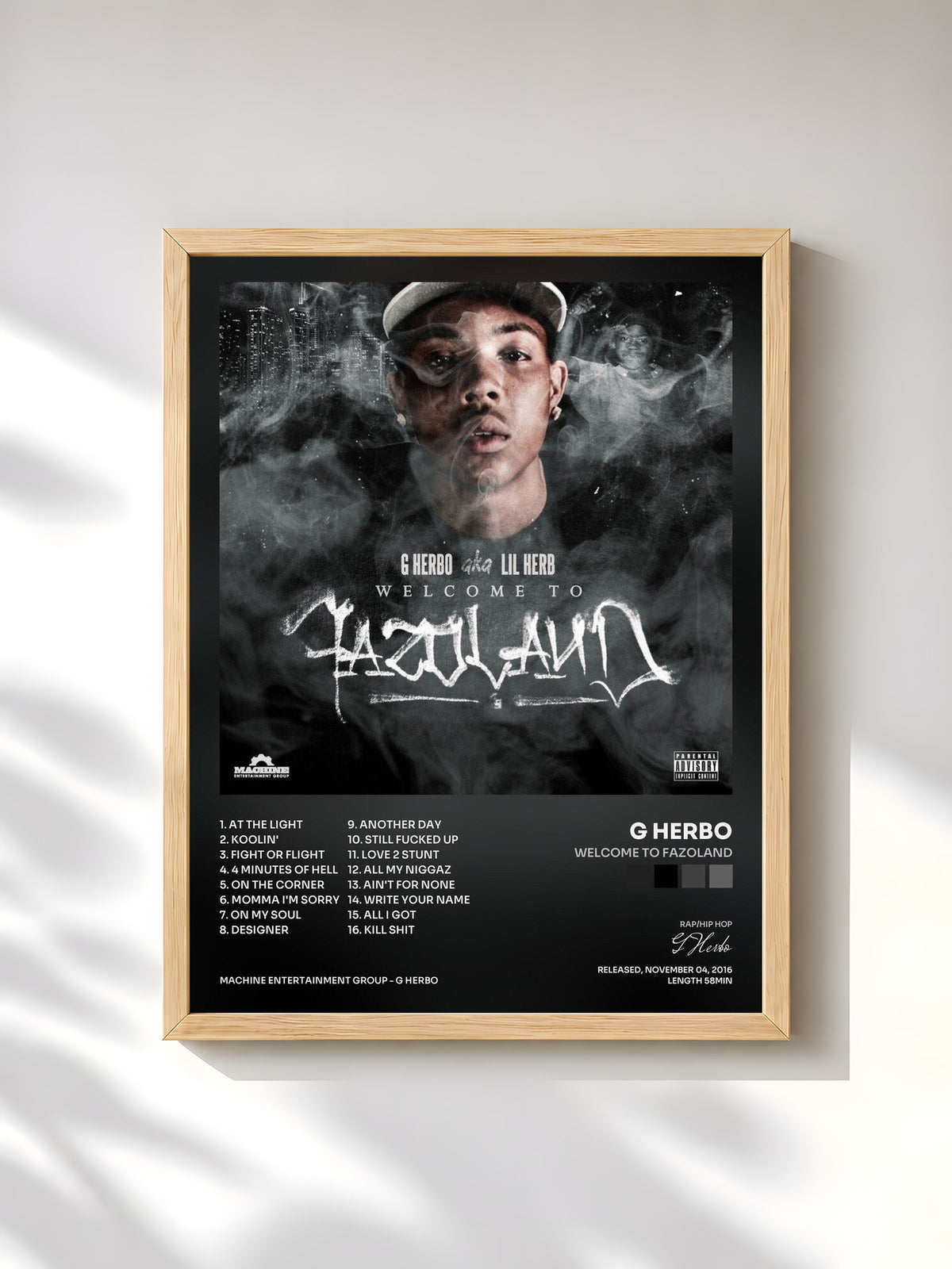#bois Tableau de l'album Welcome to Fazoland de G Herbo, cadre en bois brut, imprimé et encadré en France