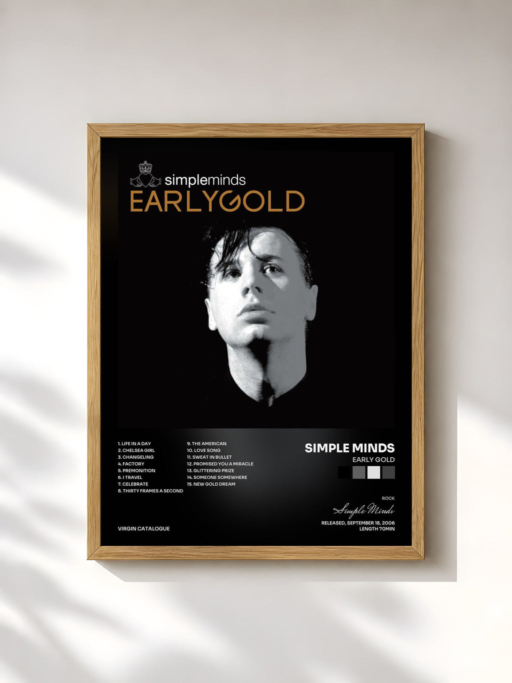 #bois Tableau de l'album Early Gold de Simple Minds, cadre en bois brut, imprimé et encadré en France