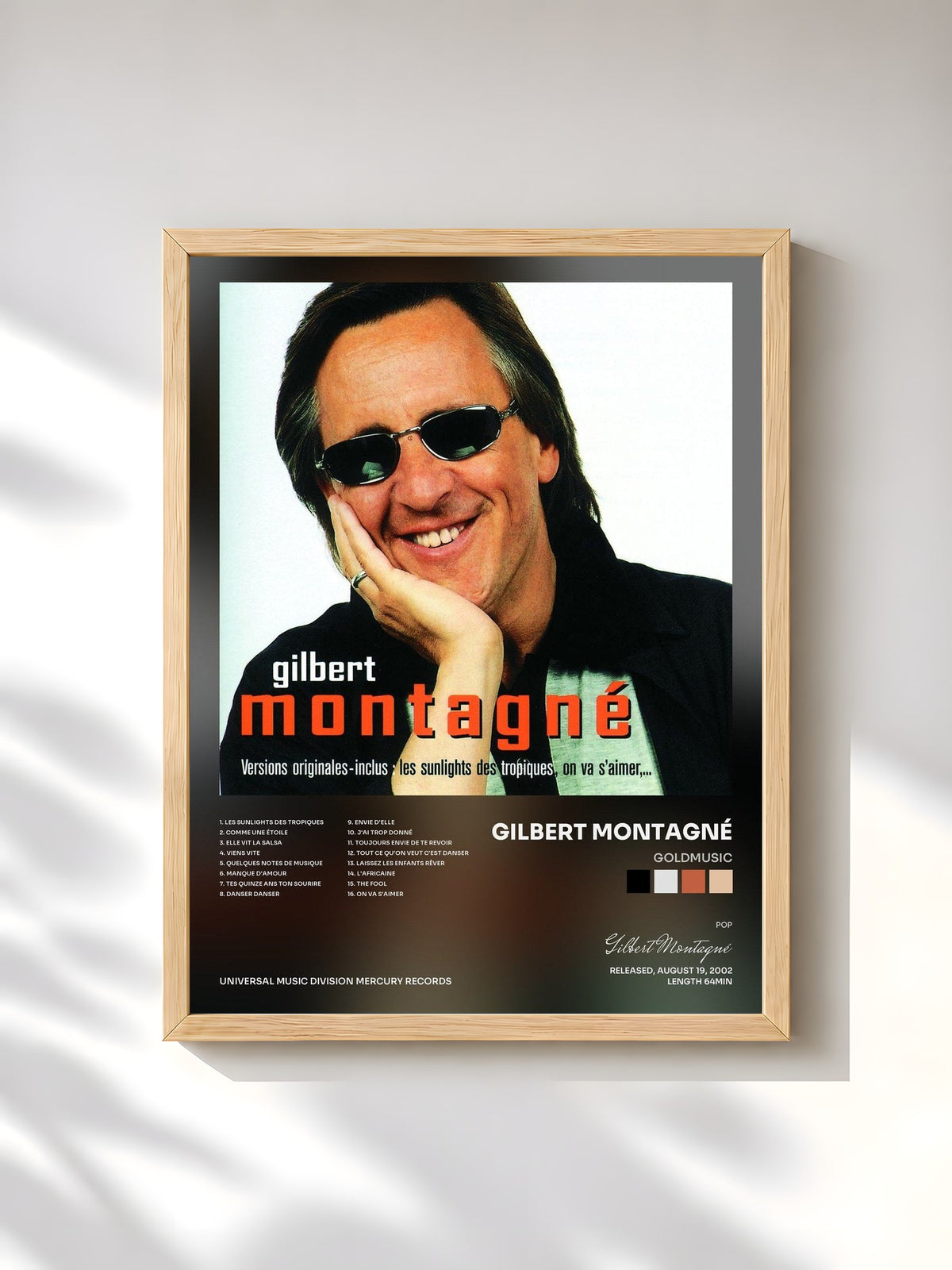 #bois Tableau de l'album Goldmusic de Gilbert Montagné, cadre en bois brut, imprimé et encadré en France