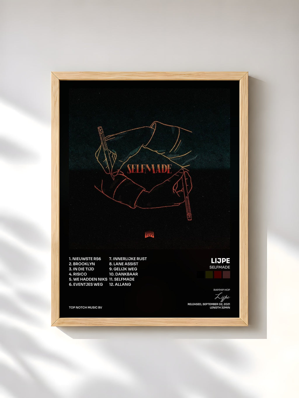 #bois Tableau de l'album Selfmade de Lijpe, cadre en bois brut, imprimé et encadré en France