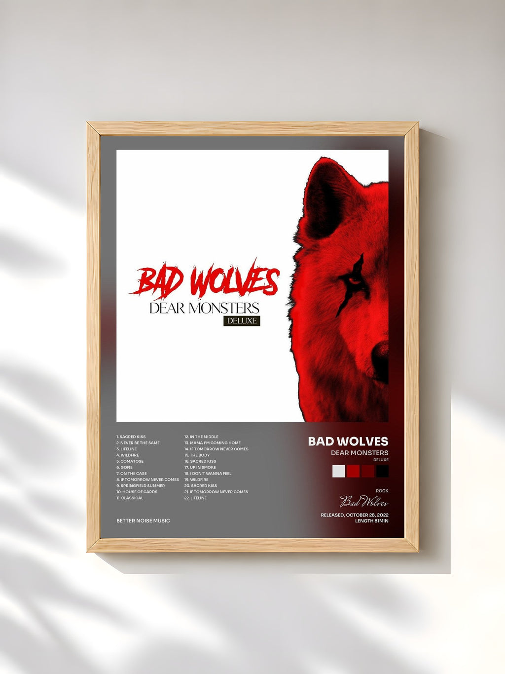 #bois Tableau de l'album Dear Monsters (Deluxe) de Bad Wolves, cadre en bois brut, imprimé et encadré en France