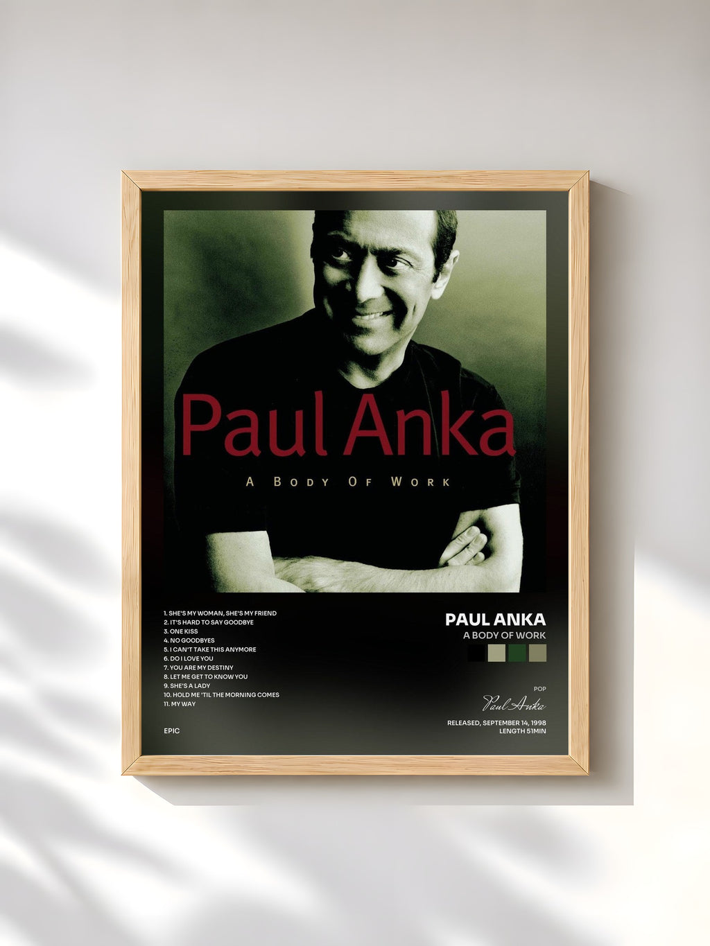 #bois Tableau de l'album A Body Of Work de Paul Anka, cadre en bois brut, imprimé et encadré en France