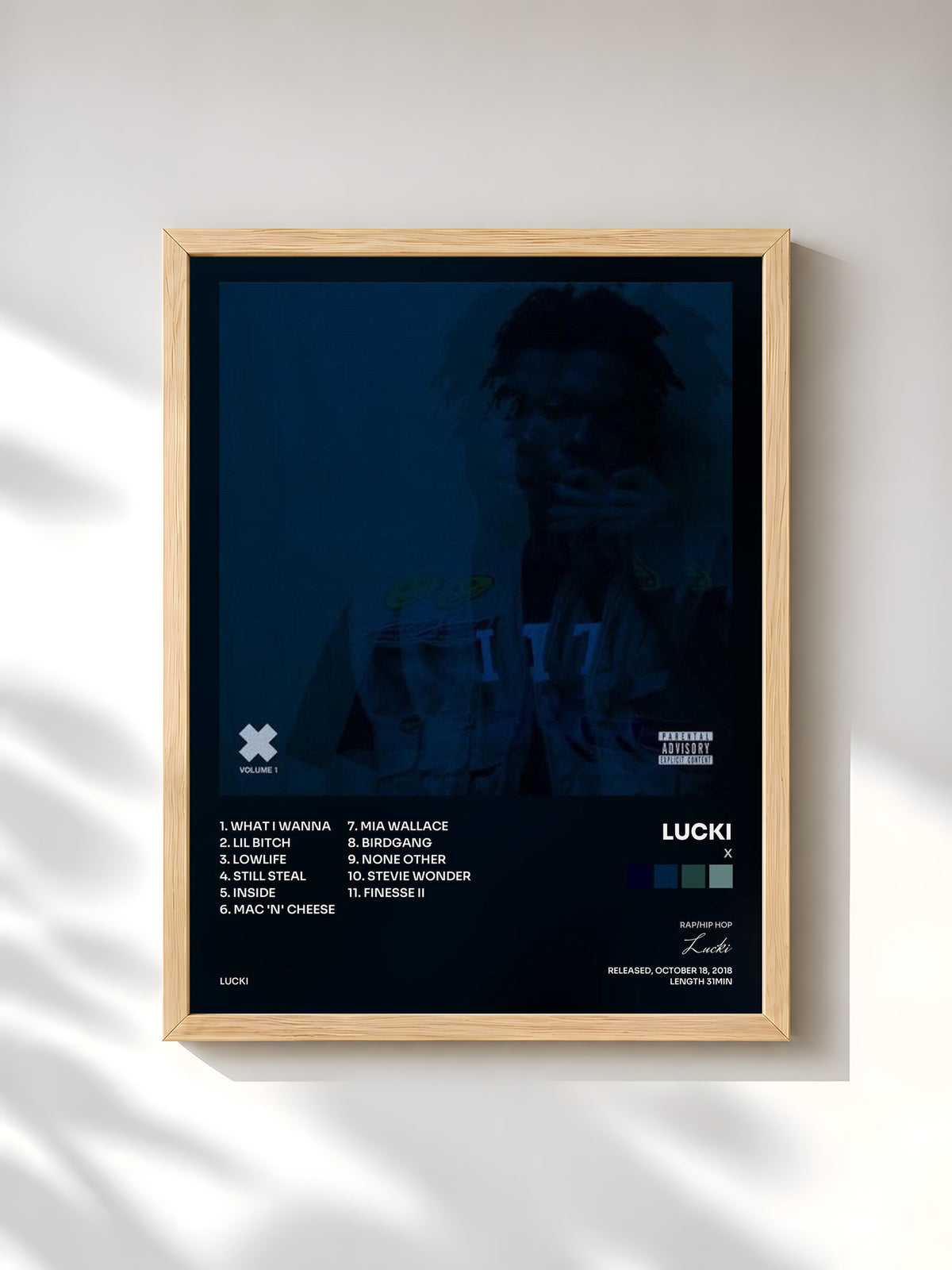 #bois Tableau de l'album X de Lucki, cadre en bois brut, imprimé et encadré en France