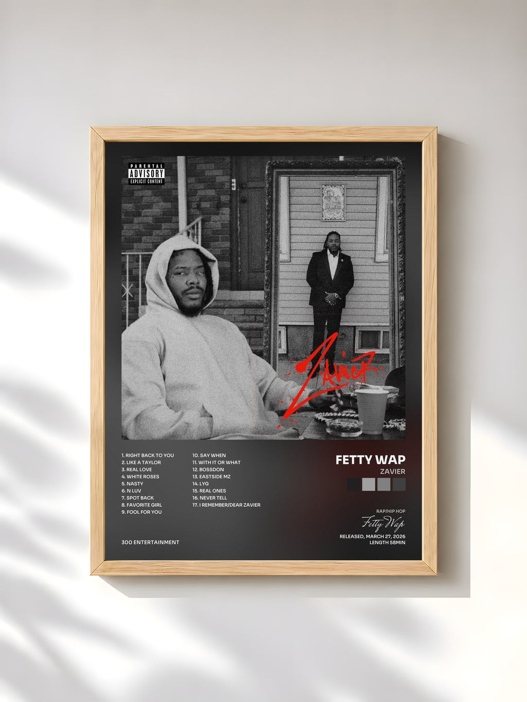 #bois Tableau de l'album Zavier de Fetty Wap, cadre en bois brut, imprimé et encadré en France