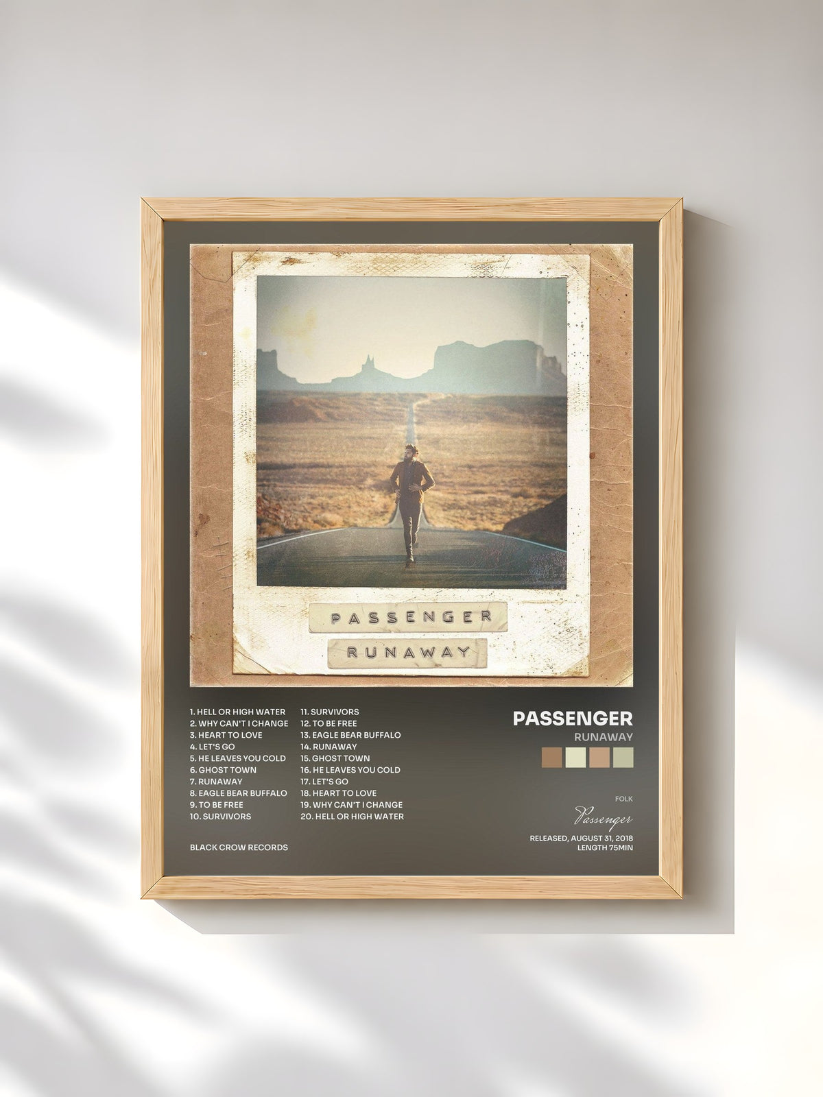 #bois Tableau de l'album Runaway de Passenger, cadre en bois brut, imprimé et encadré en France