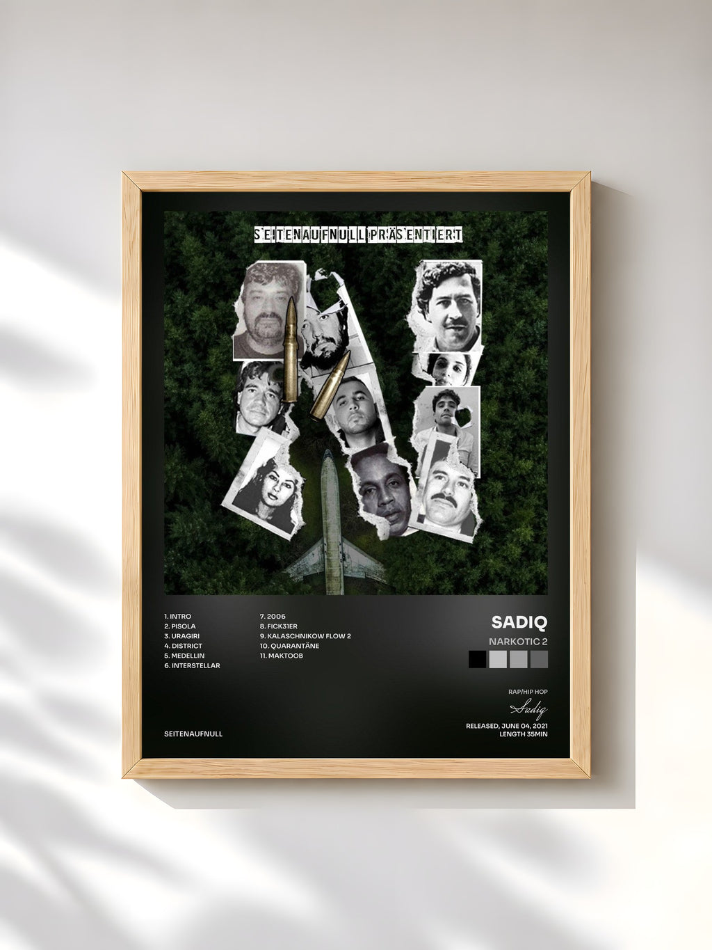 #bois Tableau de l'album Narkotic 2 de Sadiq, cadre en bois brut, imprimé et encadré en France
