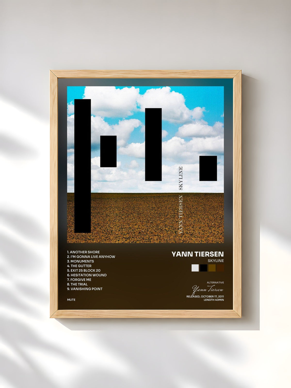 #bois Tableau de l'album Skyline de Yann Tiersen, cadre en bois brut, imprimé et encadré en France