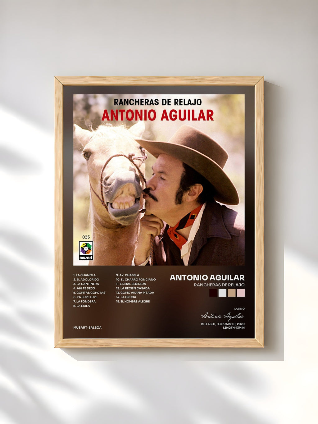 #bois Tableau de l'album Rancheras de Relajo de Antonio Aguilar, cadre en bois brut, imprimé et encadré en France