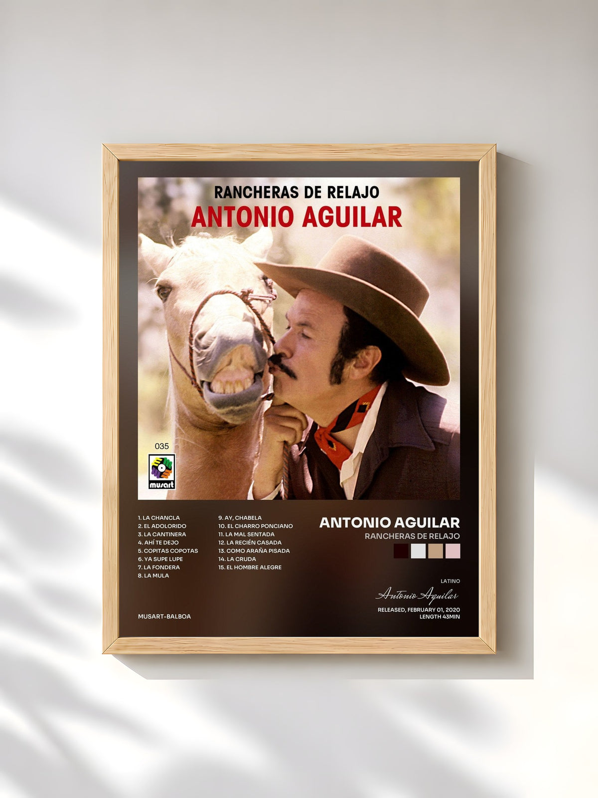 #bois Tableau de l'album Rancheras de Relajo de Antonio Aguilar, cadre en bois brut, imprimé et encadré en France
