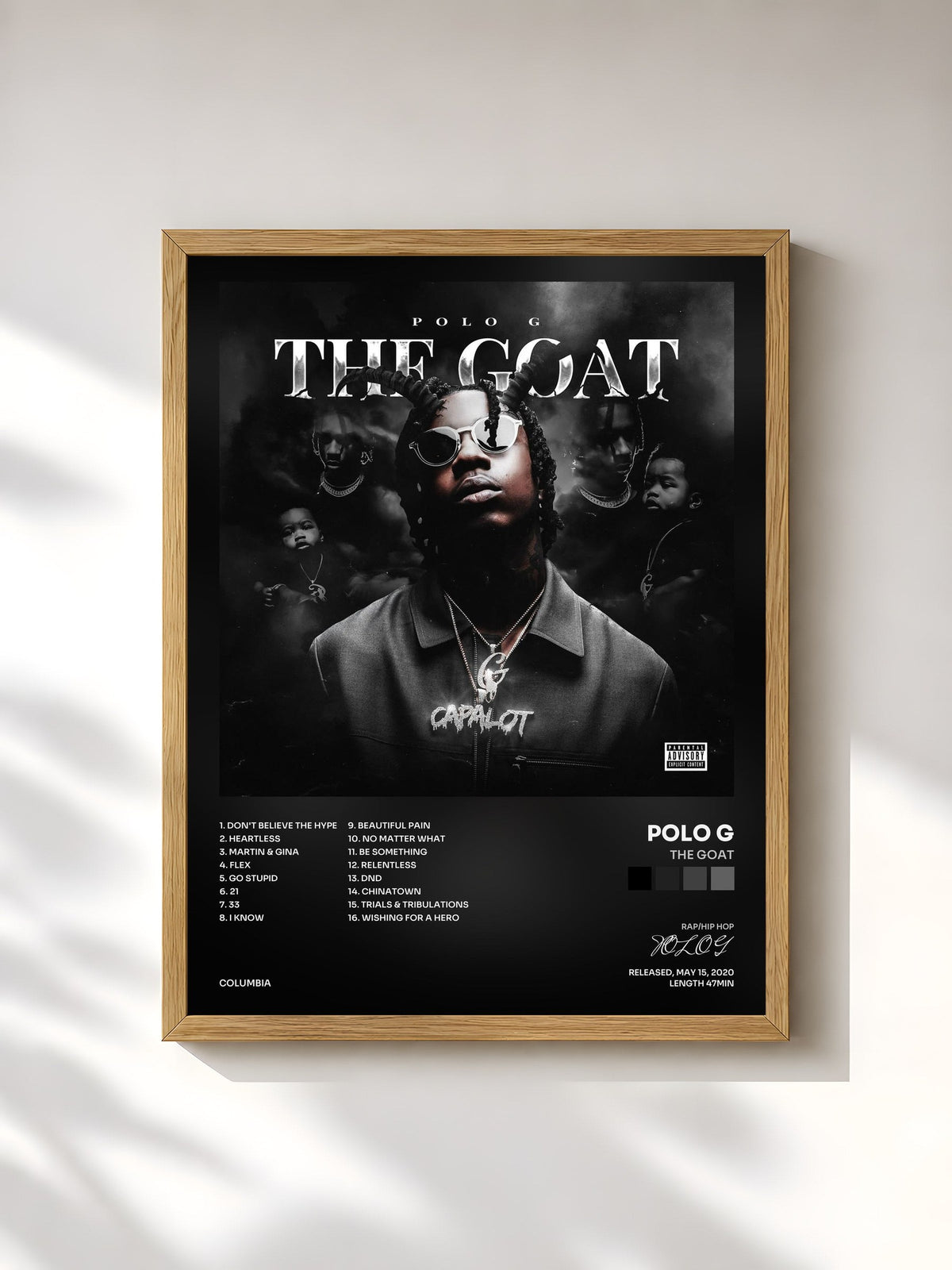 #bois Tableau de l'album THE GOAT de POLO G, cadre en bois brut, imprimé et encadré en France