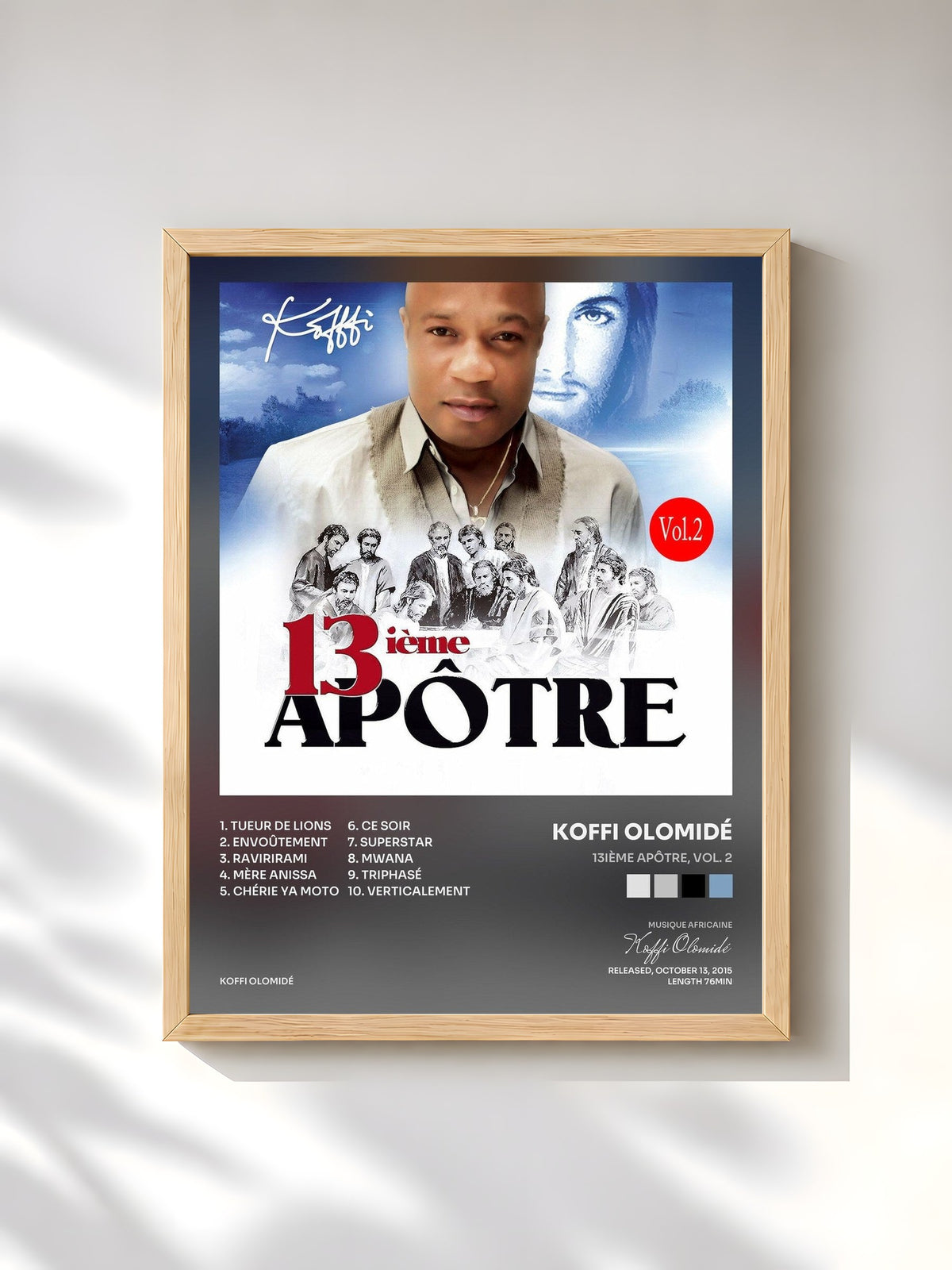 #bois Tableau de l'album 13ième apôtre, Vol. 2 de Koffi Olomidé, cadre en bois brut, imprimé et encadré en France