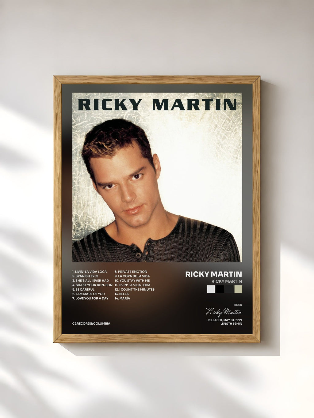 #bois Tableau de l'album Ricky Martin de Ricky Martin, cadre en bois brut, imprimé et encadré en France