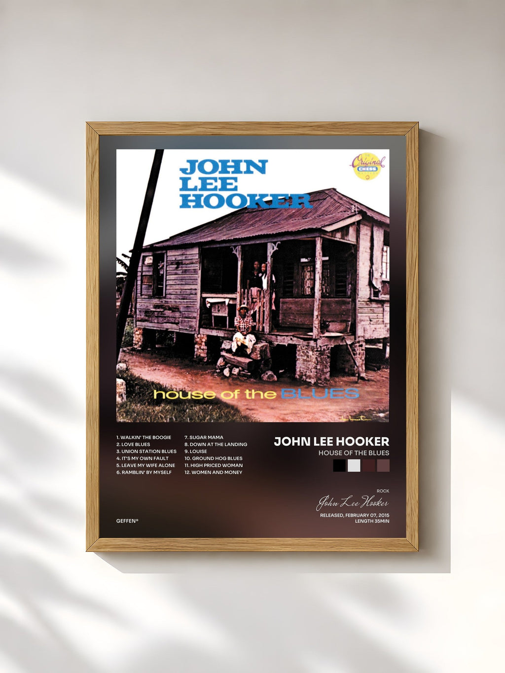 #bois Tableau de l'album House Of The Blues de John Lee Hooker, cadre en bois brut, imprimé et encadré en France