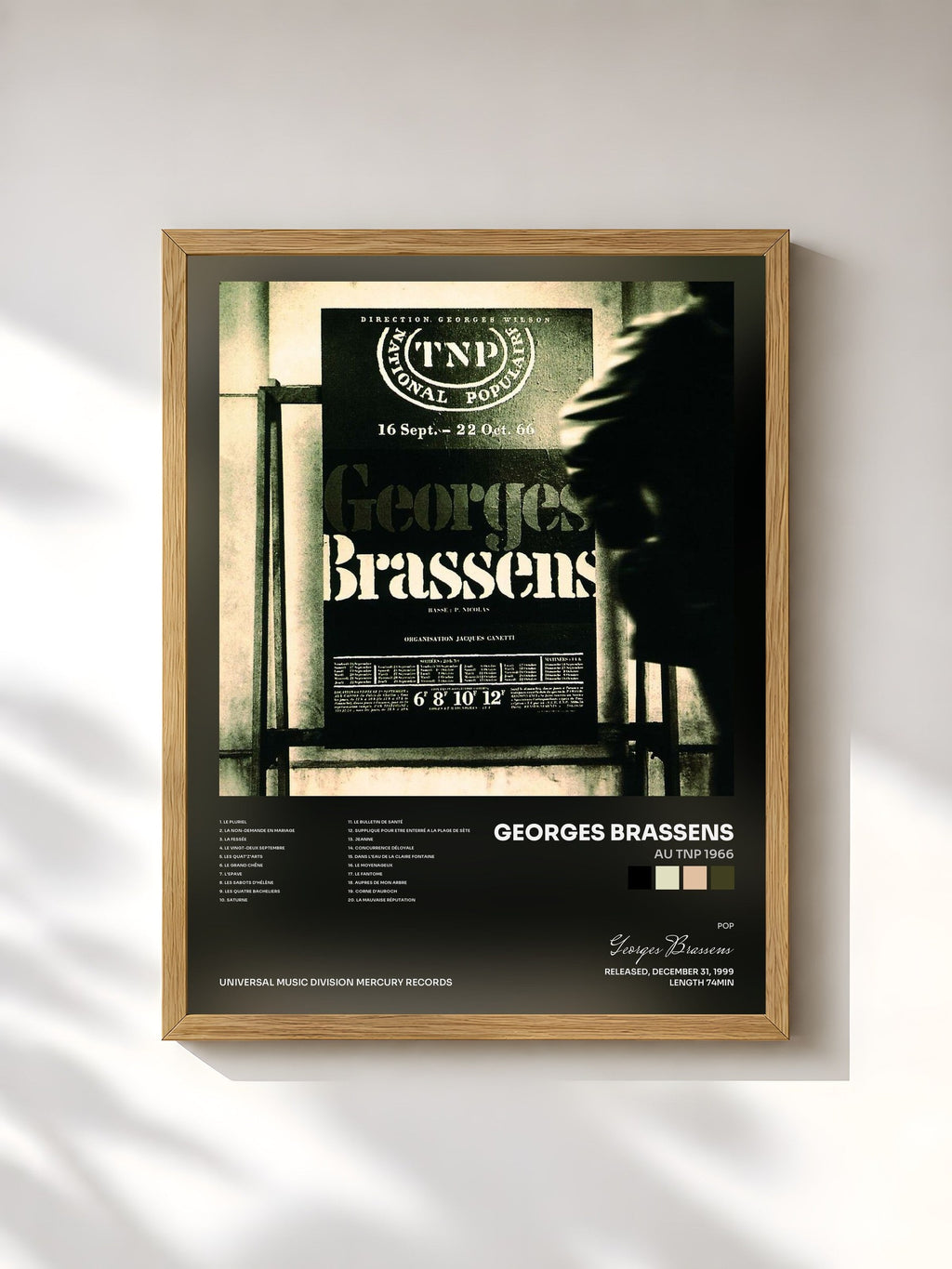 #bois Tableau de l'album Au Tnp 1966 de Georges Brassens, cadre en bois brut, imprimé et encadré en France