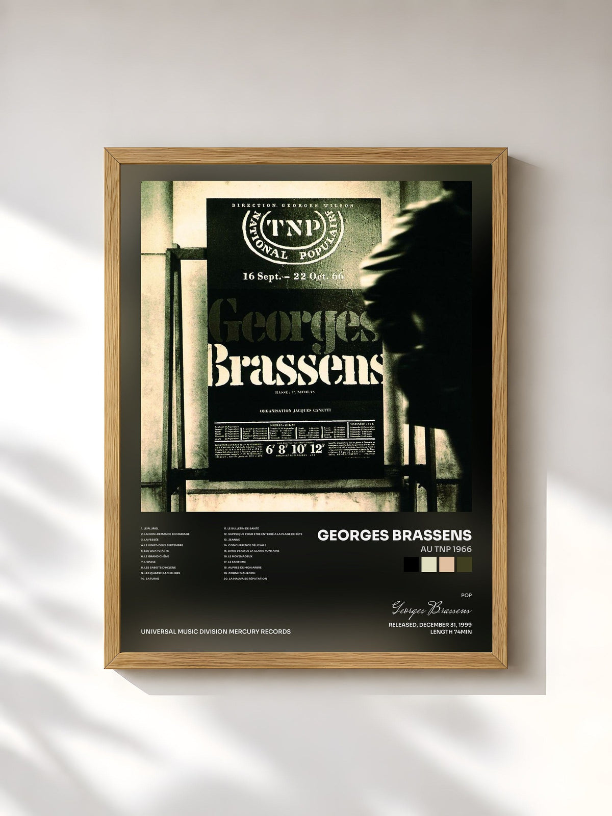 #bois Tableau de l'album Au Tnp 1966 de Georges Brassens, cadre en bois brut, imprimé et encadré en France
