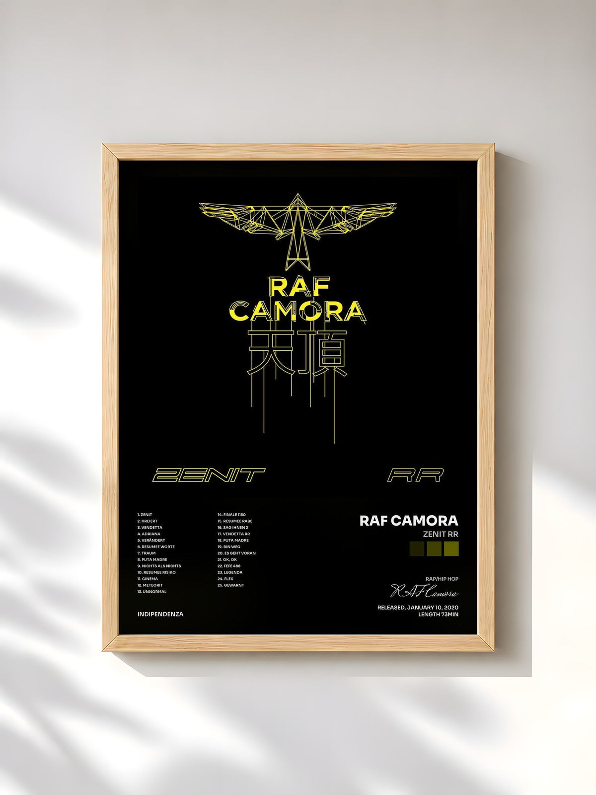 #bois Tableau de l'album ZENIT RR de RAF Camora, cadre en bois brut, imprimé et encadré en France