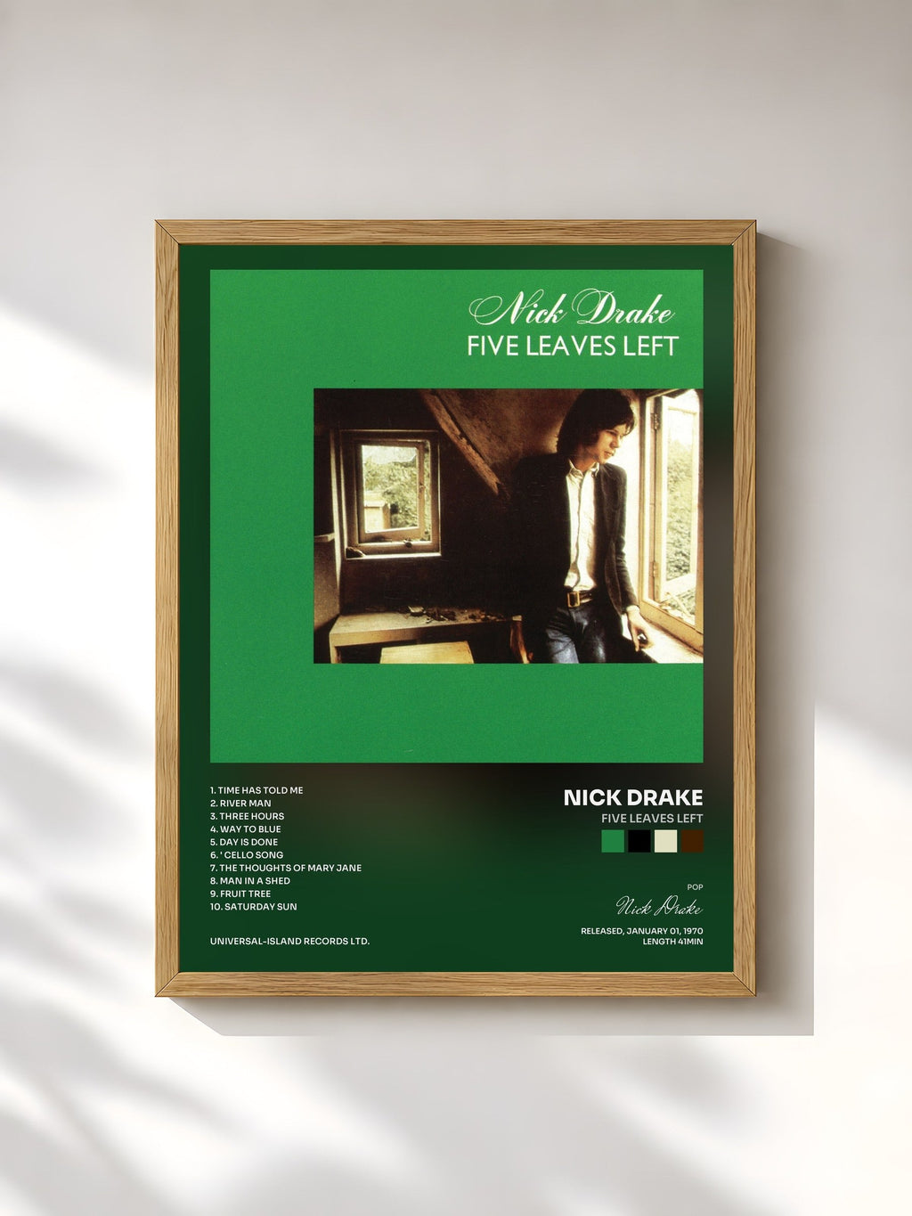 #bois Tableau de l'album Five Leaves Left de Nick Drake, cadre en bois brut, imprimé et encadré en France