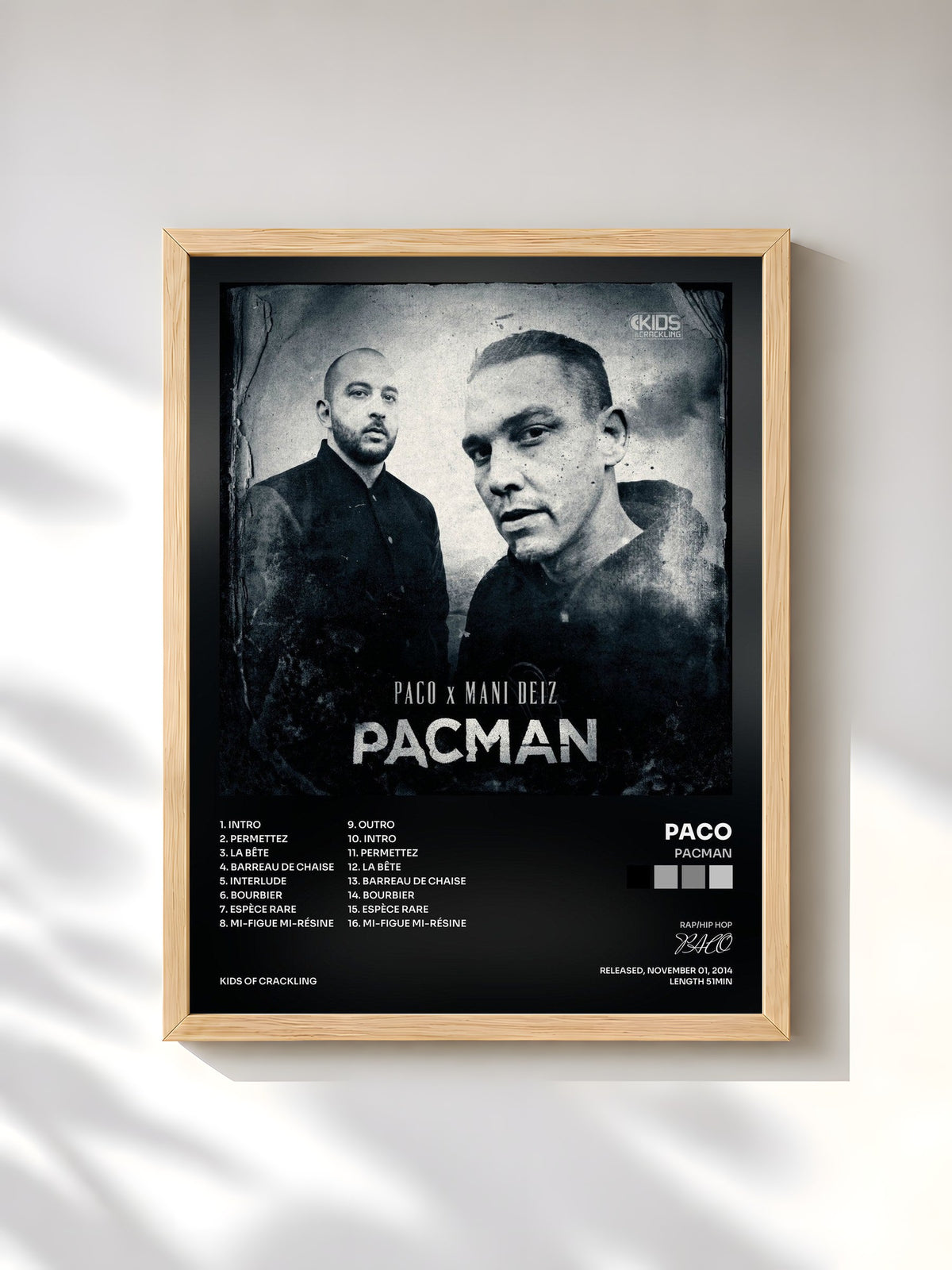 #bois Tableau de l'album Pacman de PACO, cadre en bois brut, imprimé et encadré en France