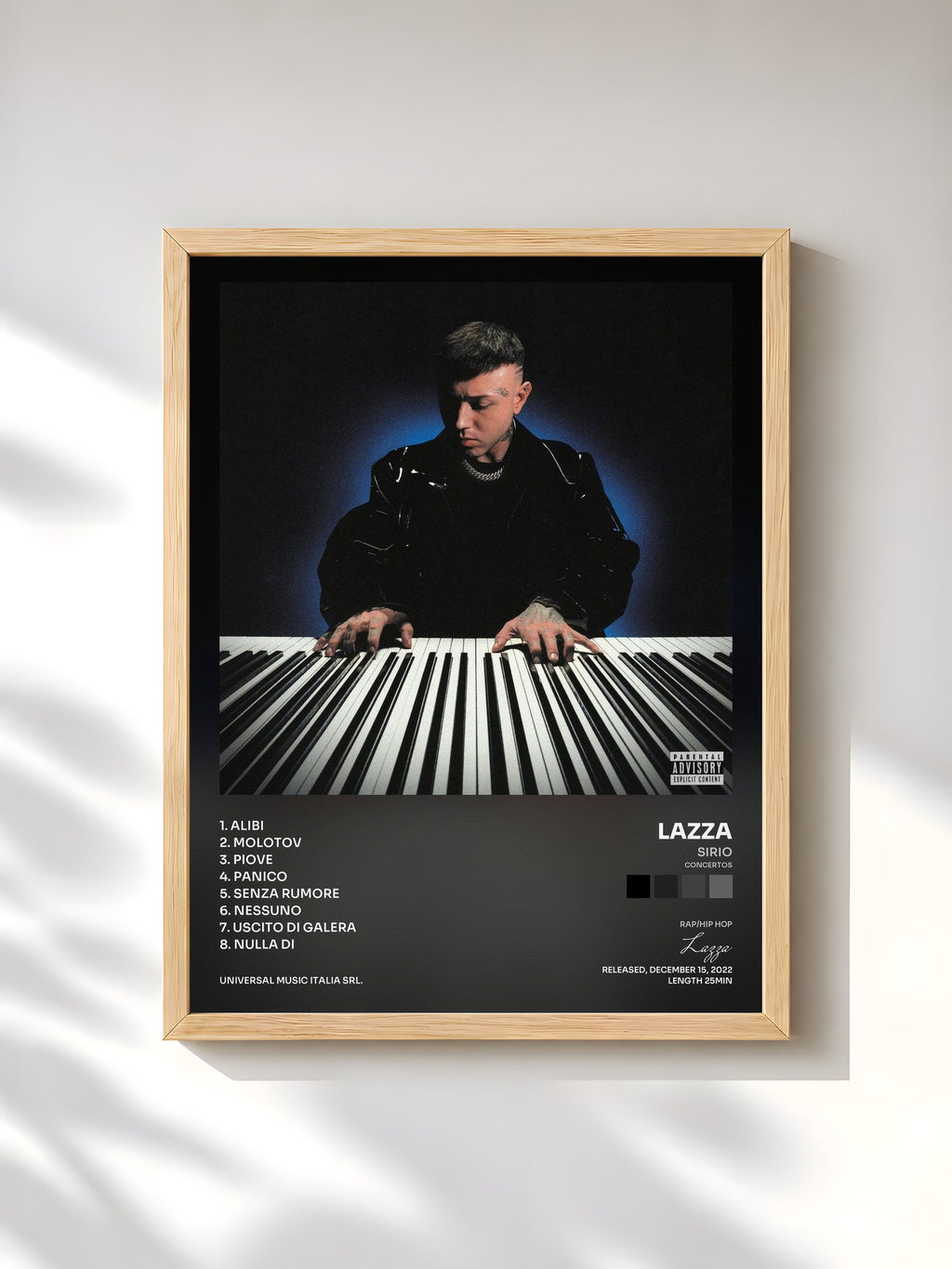 #bois Tableau de l'album SIRIO (Concertos) de Lazza, cadre en bois brut, imprimé et encadré en France