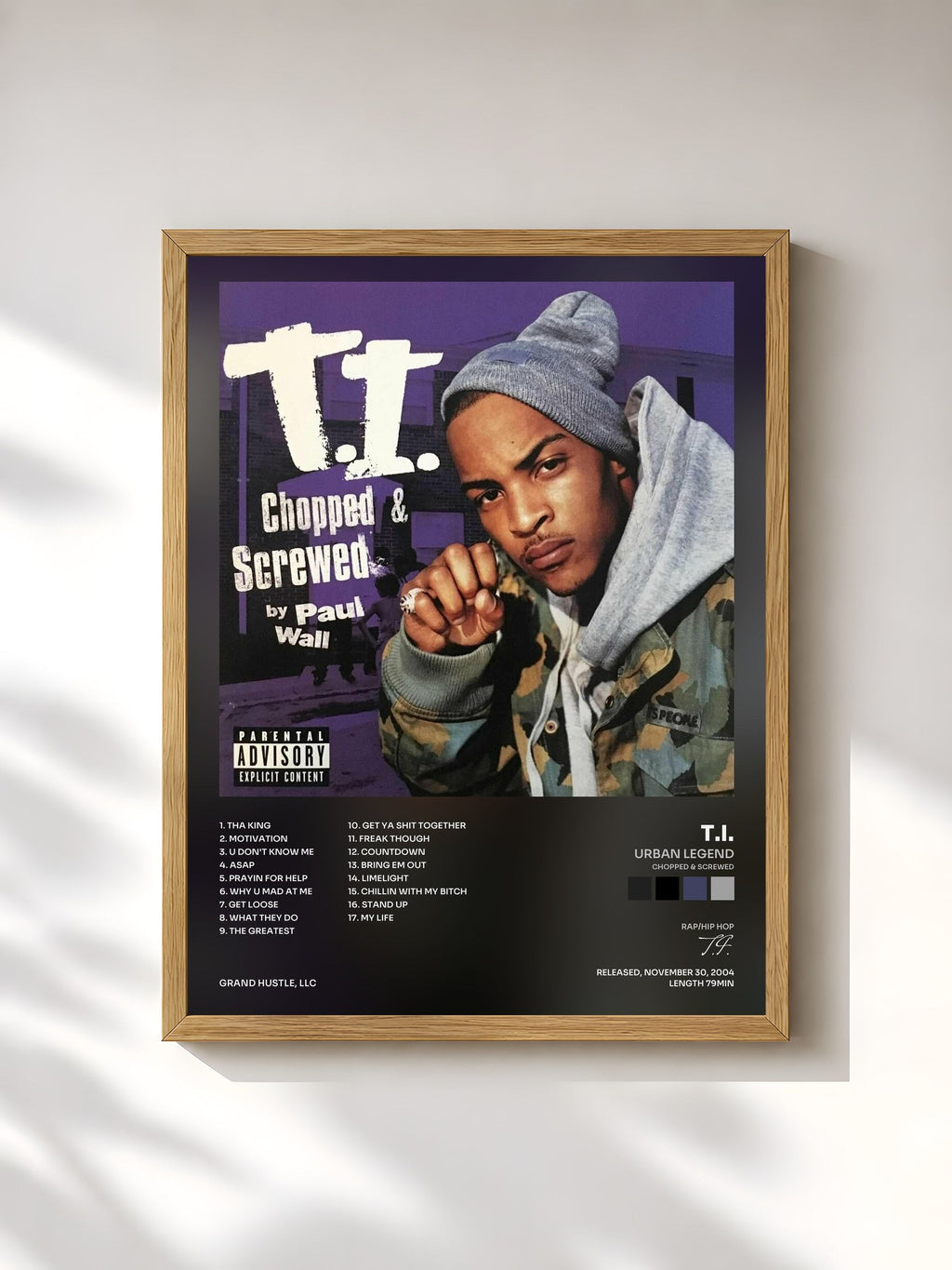 #bois Tableau de l'album Urban Legend (Chopped & Screwed) de T.I., cadre en bois brut, imprimé et encadré en France