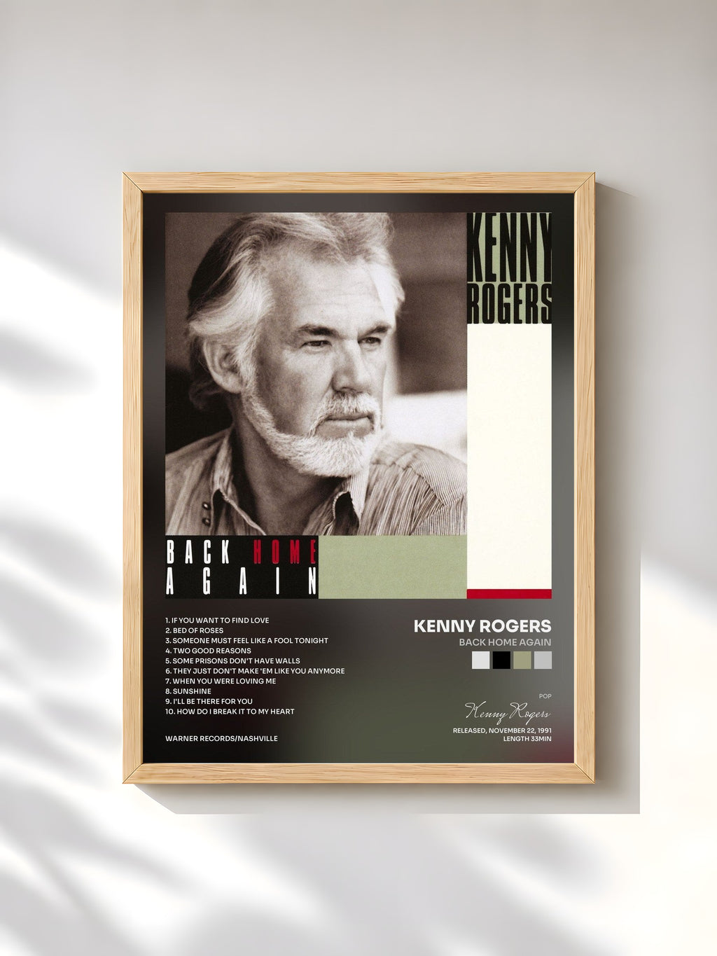 #bois Tableau de l'album Back Home Again de Kenny Rogers, cadre en bois brut, imprimé et encadré en France