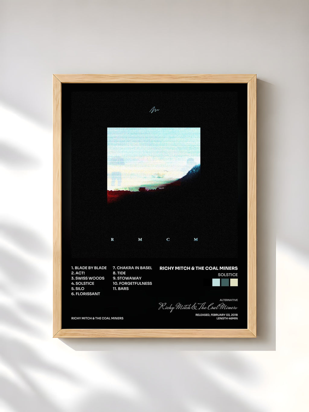 #bois Tableau de l'album Solstice de Richy Mitch & The Coal Miners, cadre en bois brut, imprimé et encadré en France