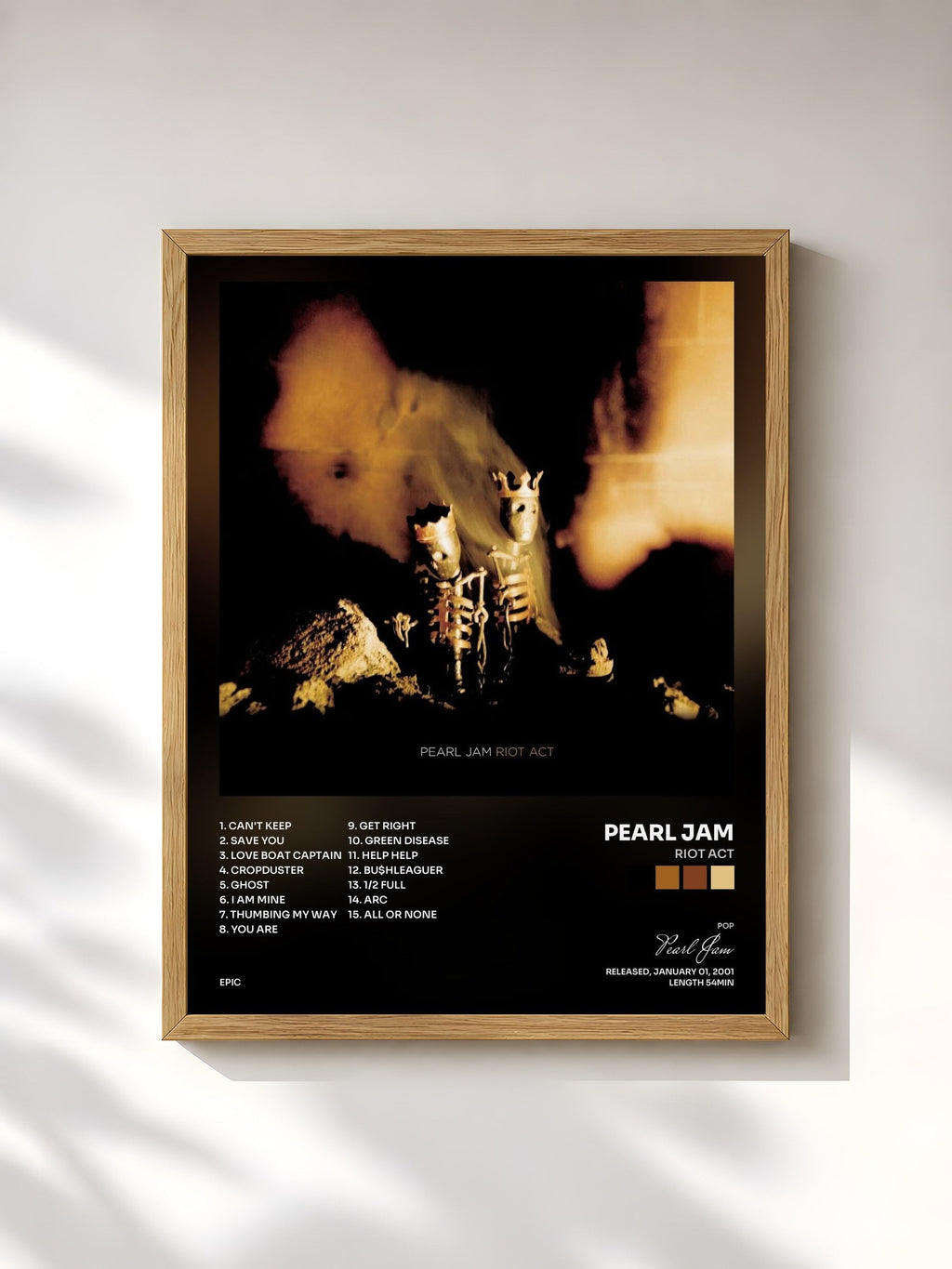 #bois Tableau de l'album Riot Act de Pearl Jam, cadre en bois brut, imprimé et encadré en France