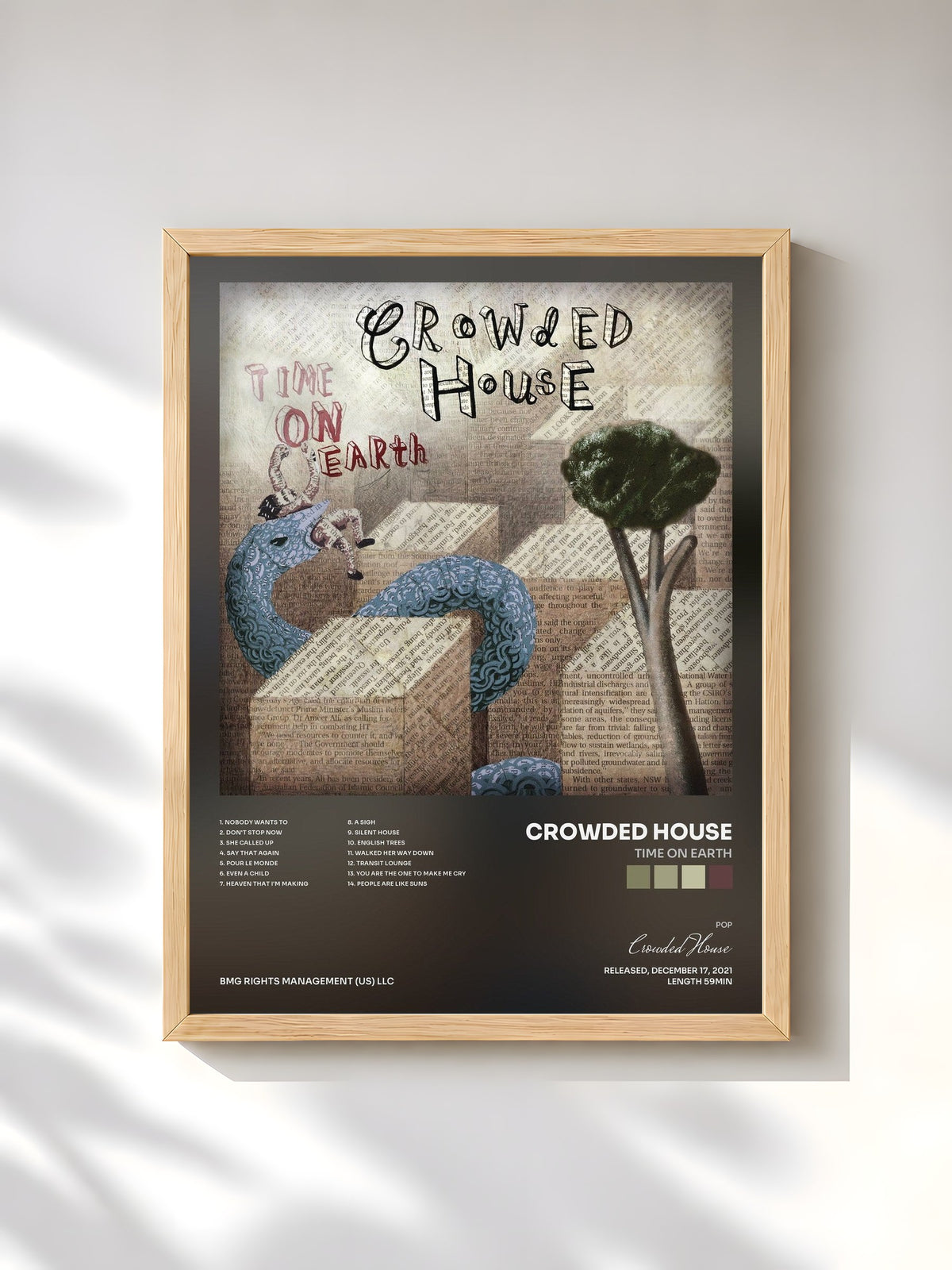 #bois Tableau de l'album Time on Earth de Crowded House, cadre en bois brut, imprimé et encadré en France