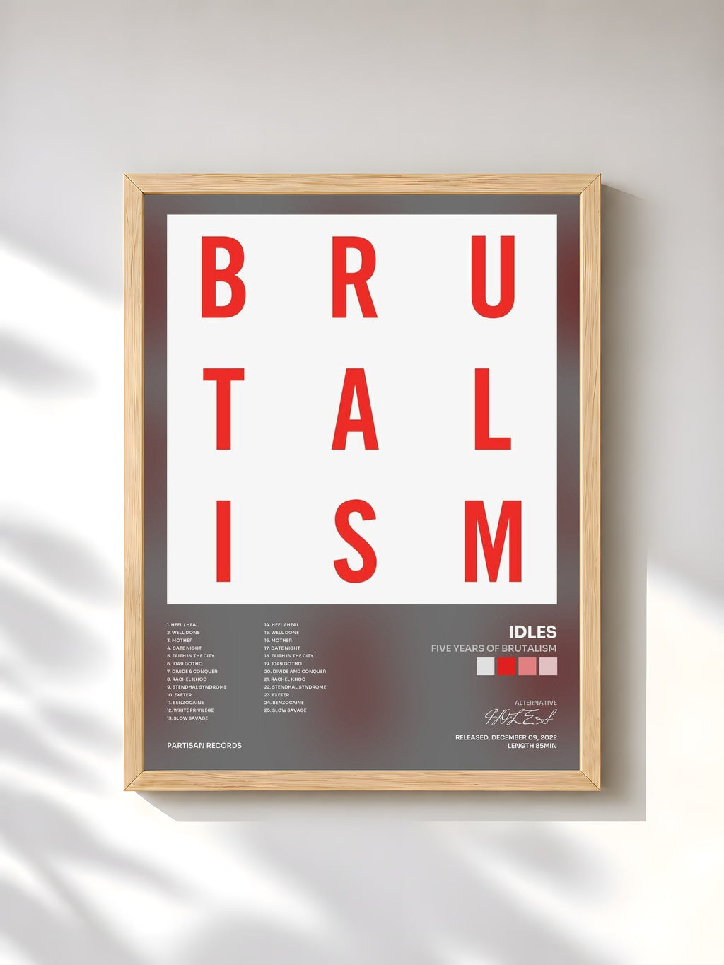 #bois Tableau de l'album Five Years of Brutalism de IDLES, cadre en bois brut, imprimé et encadré en France