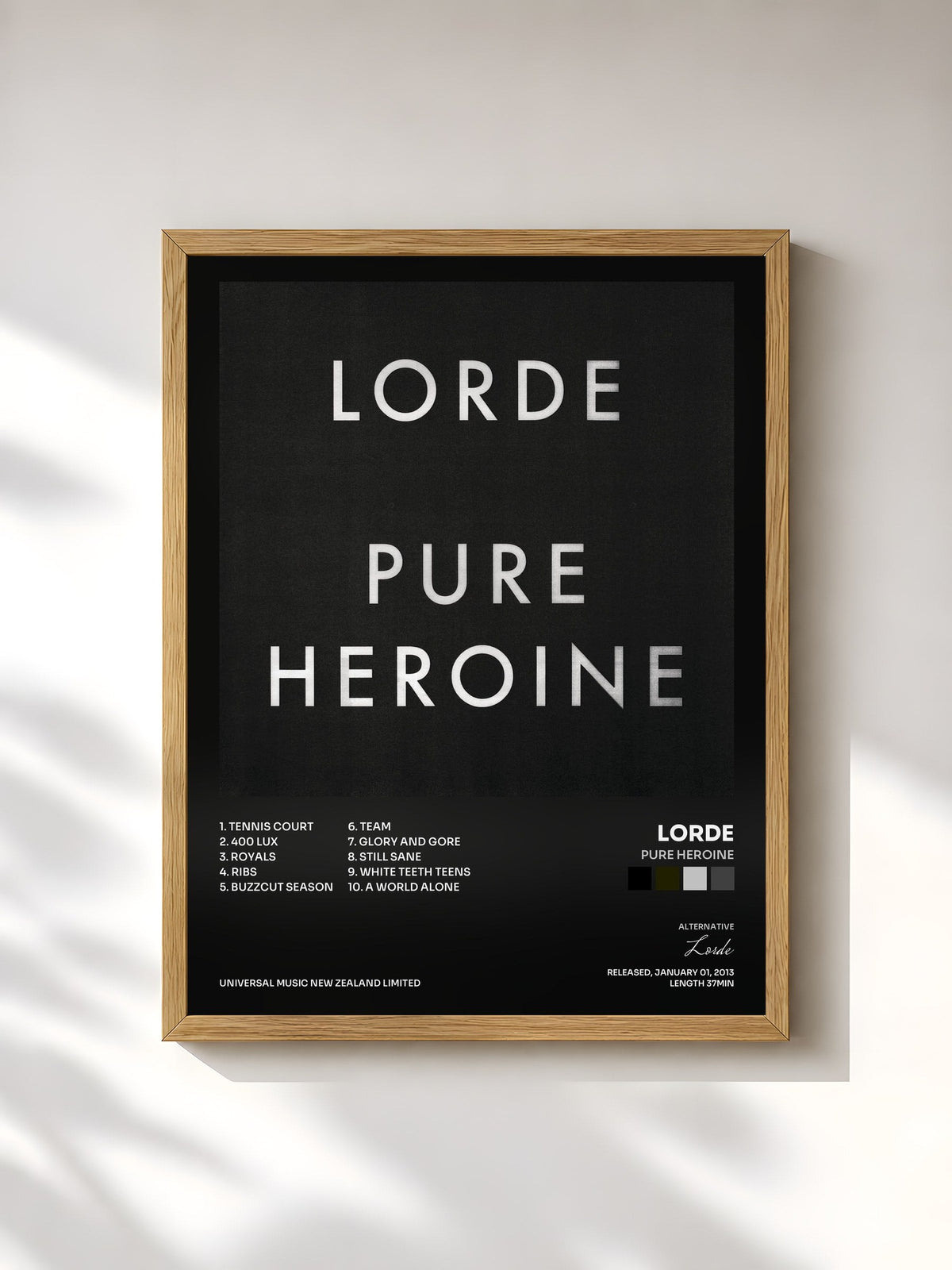 #bois Tableau de l'album Pure Heroine de Lorde, cadre en bois brut, imprimé et encadré en France