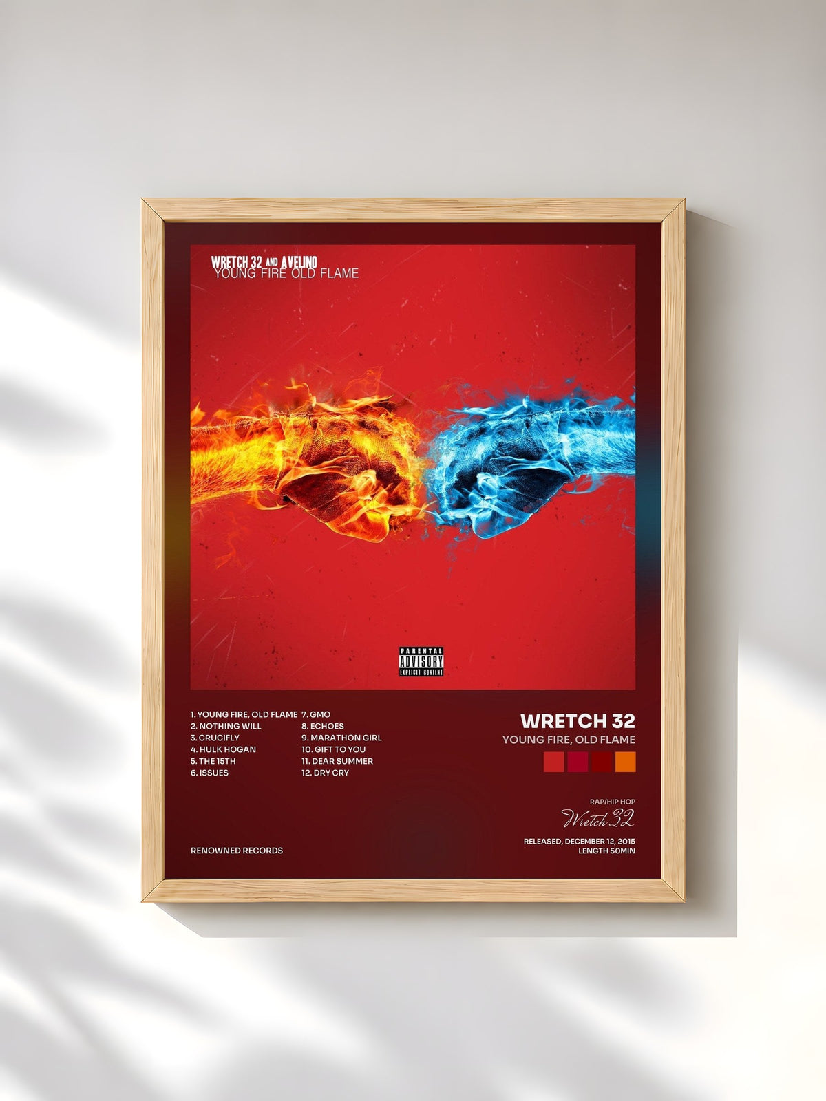 #bois Tableau de l'album Young Fire, Old Flame de Wretch 32, cadre en bois brut, imprimé et encadré en France