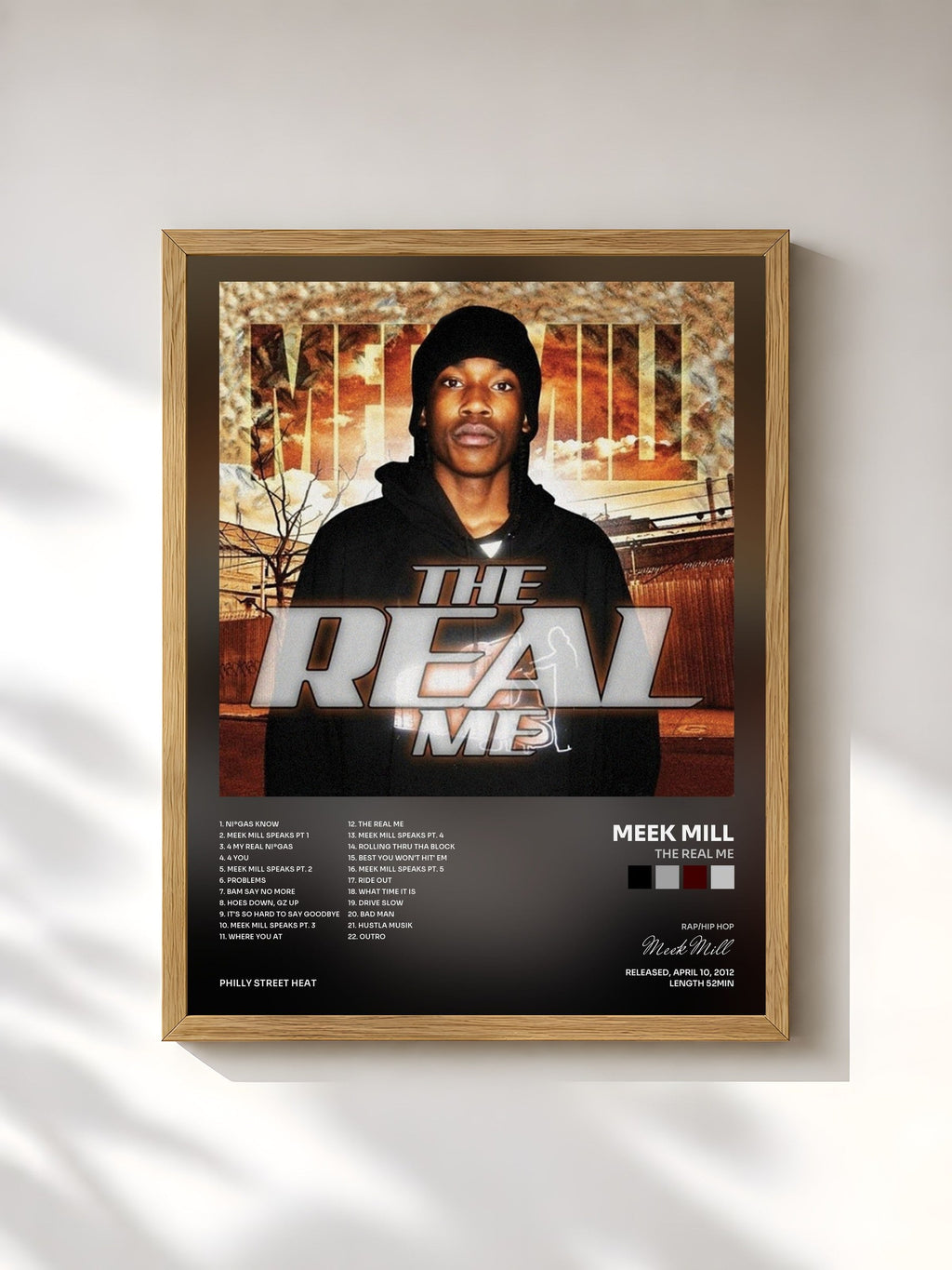 #bois Tableau de l'album The Real Me de Meek Mill, cadre en bois brut, imprimé et encadré en France