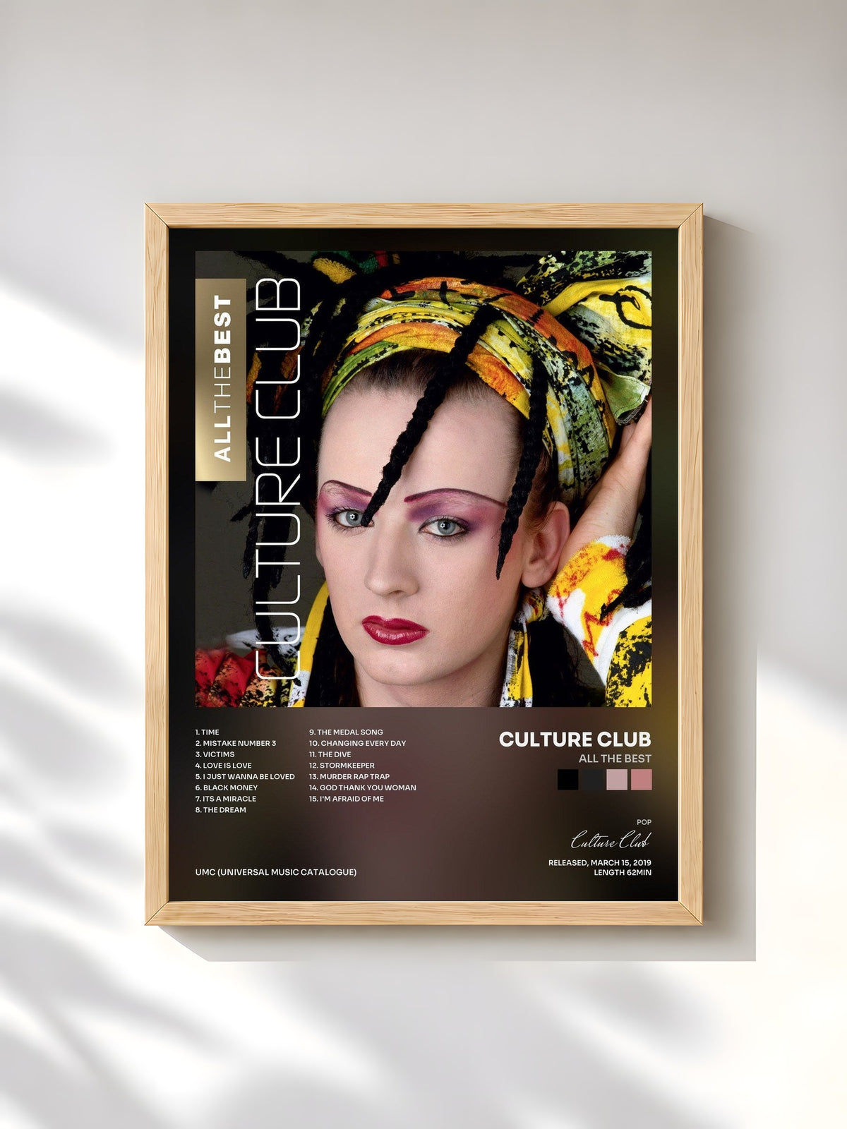 #bois Tableau de l'album All The Best de Culture Club, cadre en bois brut, imprimé et encadré en France