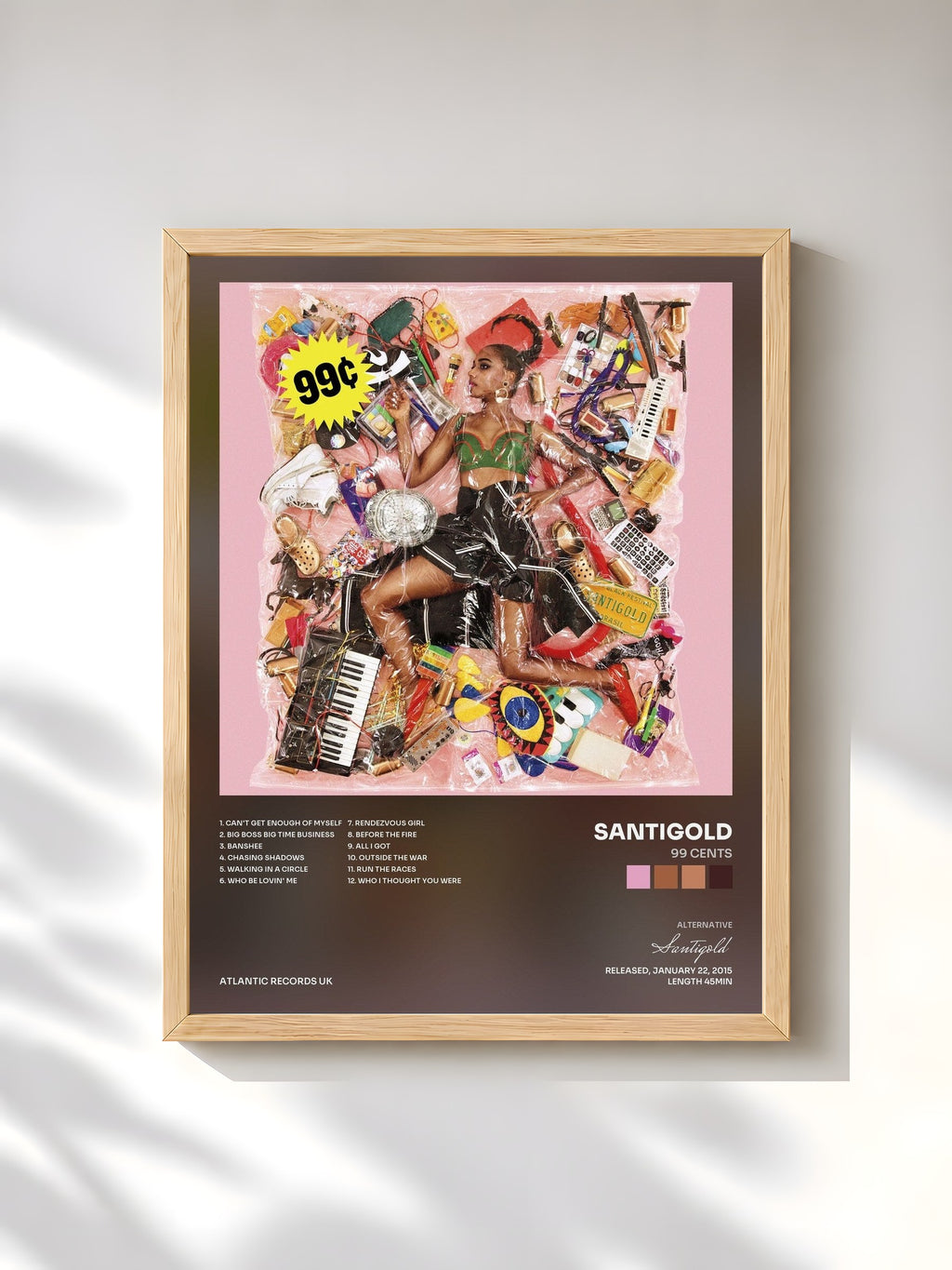 #bois Tableau de l'album 99 Cents de Santigold, cadre en bois brut, imprimé et encadré en France
