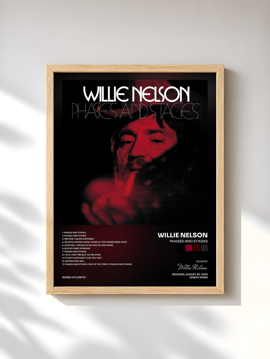 #bois Tableau de l'album Phases And Stages de Willie Nelson, cadre en bois brut, imprimé et encadré en France