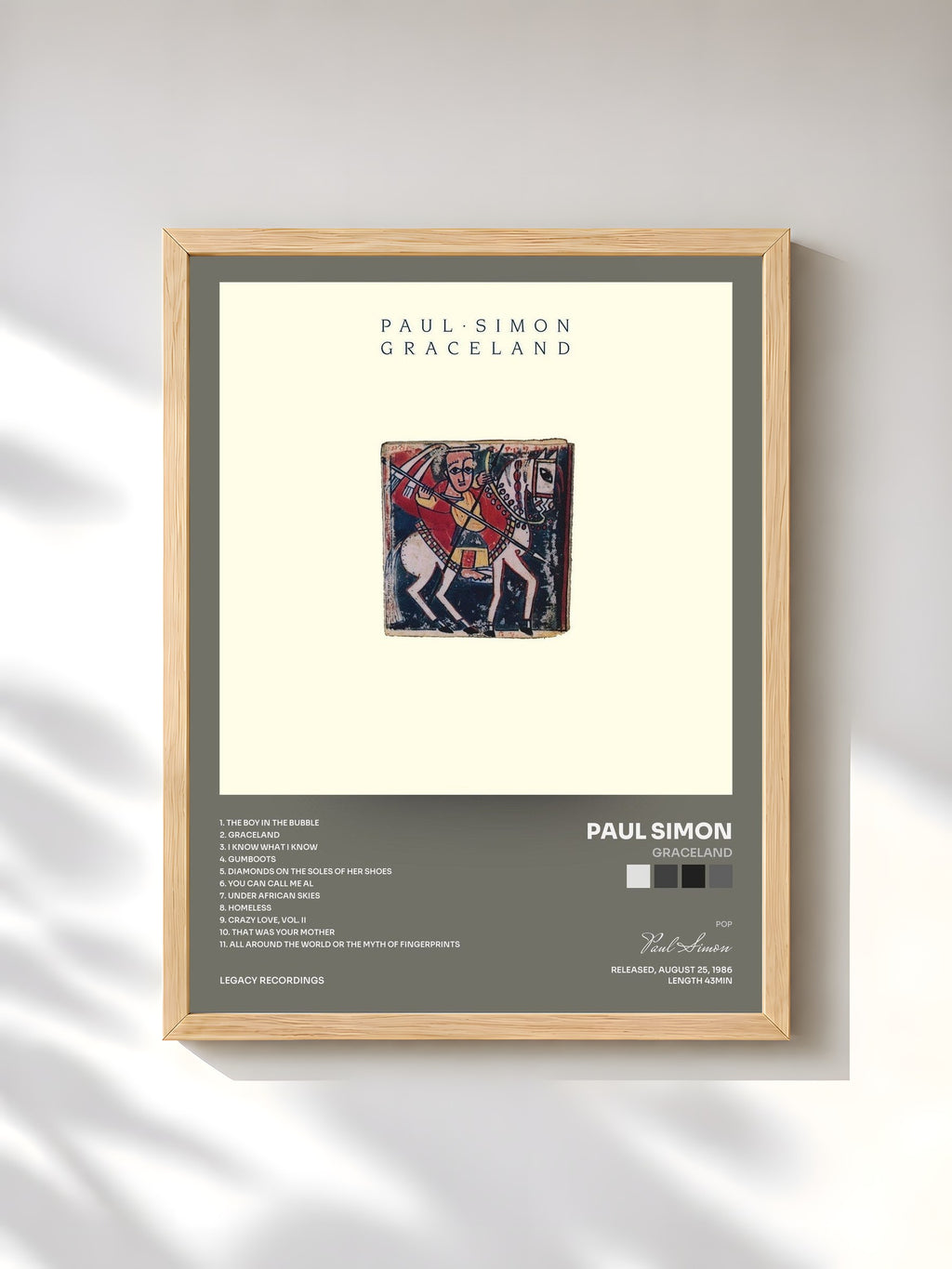 #bois Tableau de l'album Graceland de Paul Simon, cadre en bois brut, imprimé et encadré en France