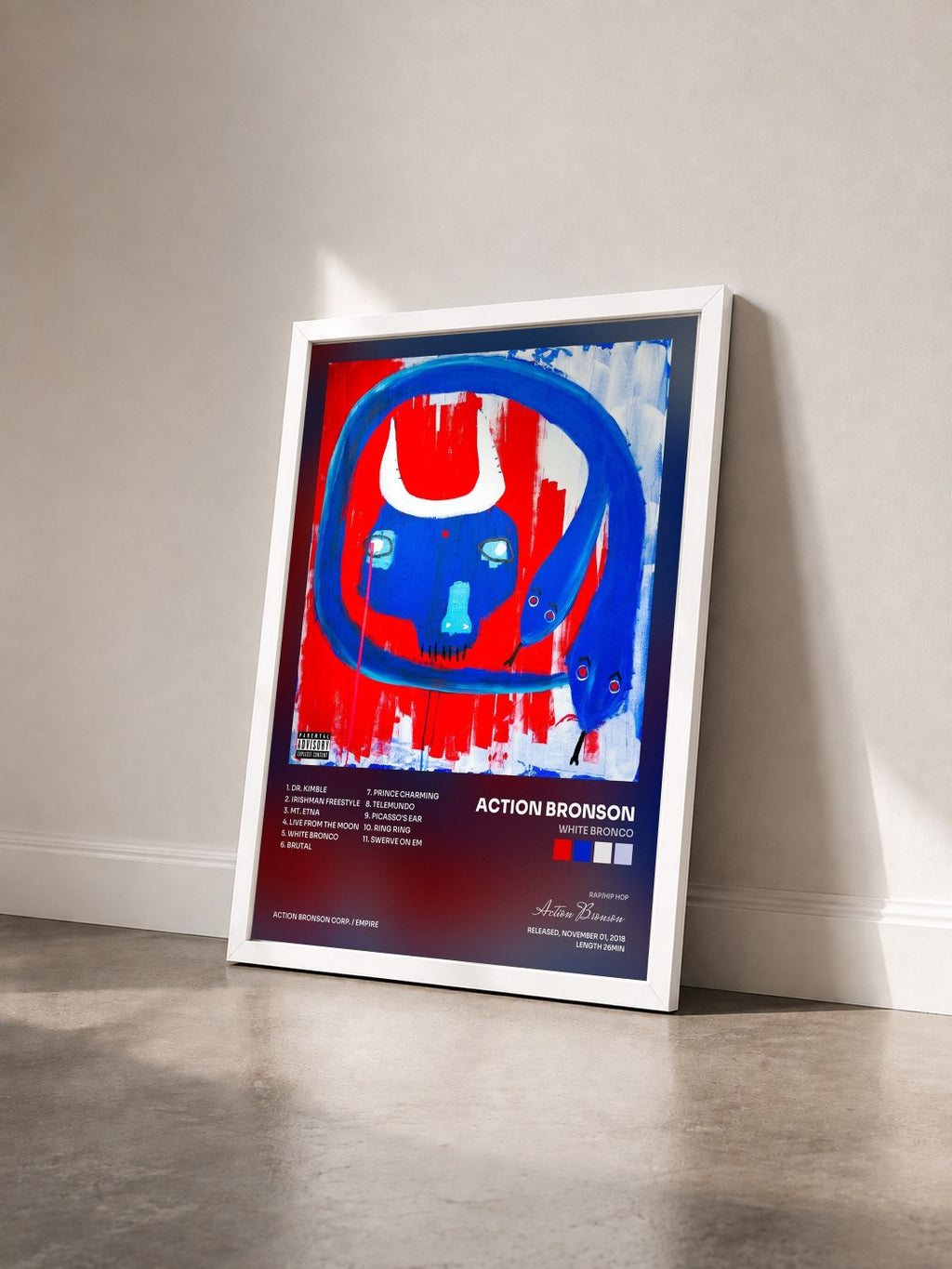 #blanc Tableau de l'album White Bronco de Action Bronson vu de trois quarts, cadre blanc