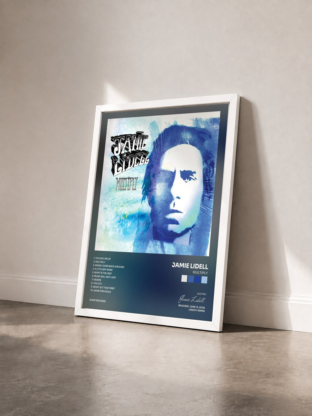 #blanc Tableau de l'album Multiply de Jamie Lidell vu de trois quarts, cadre blanc