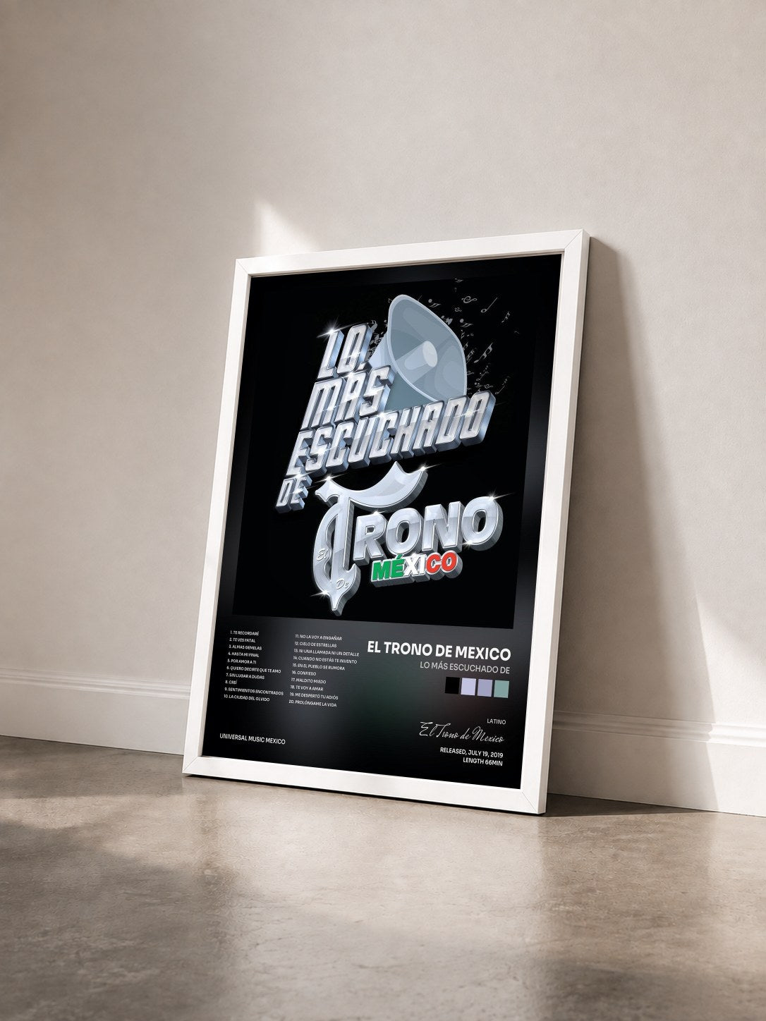 #blanc Tableau de l'album Lo Más Escuchado De de El Trono de Mexico vu de trois quarts, cadre blanc