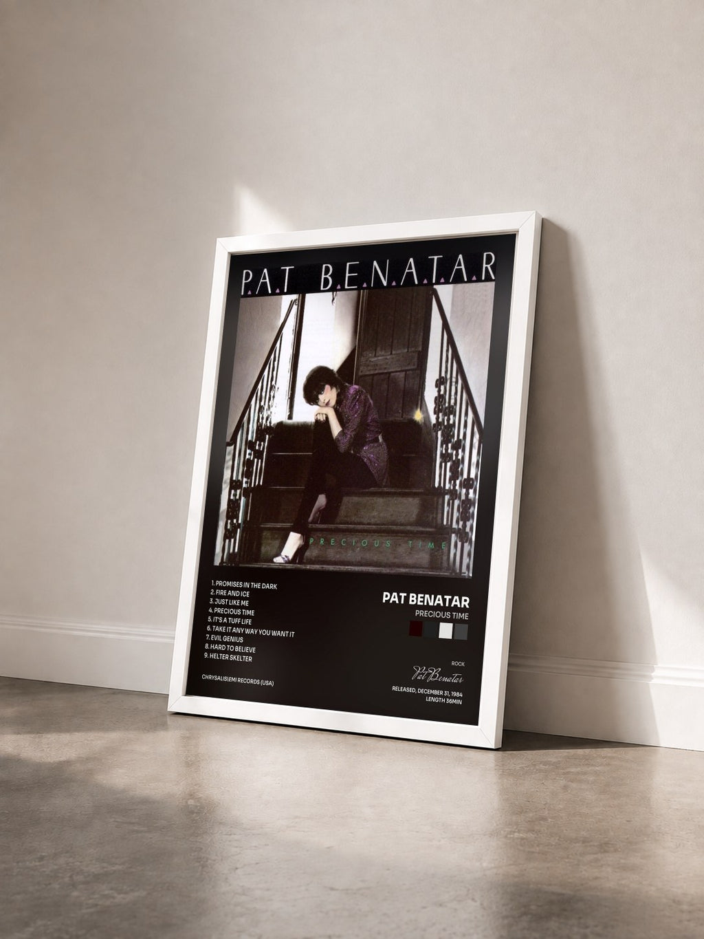 #blanc Tableau de l'album Precious Time de Pat Benatar vu de trois quarts, cadre blanc