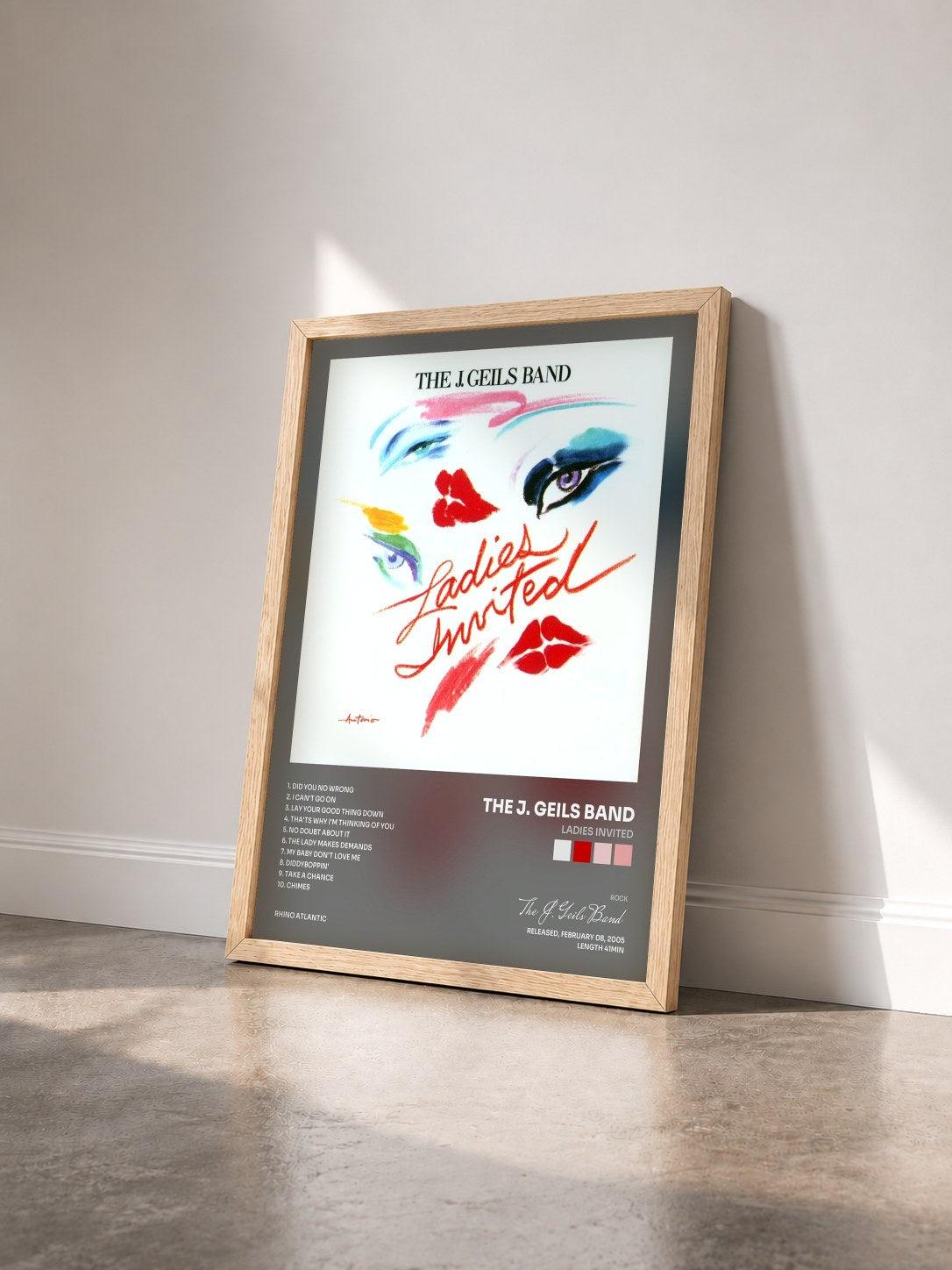 #bois Tableau de l'album Ladies Invited de The J. Geils Band vu de trois quarts, cadre en bois brut