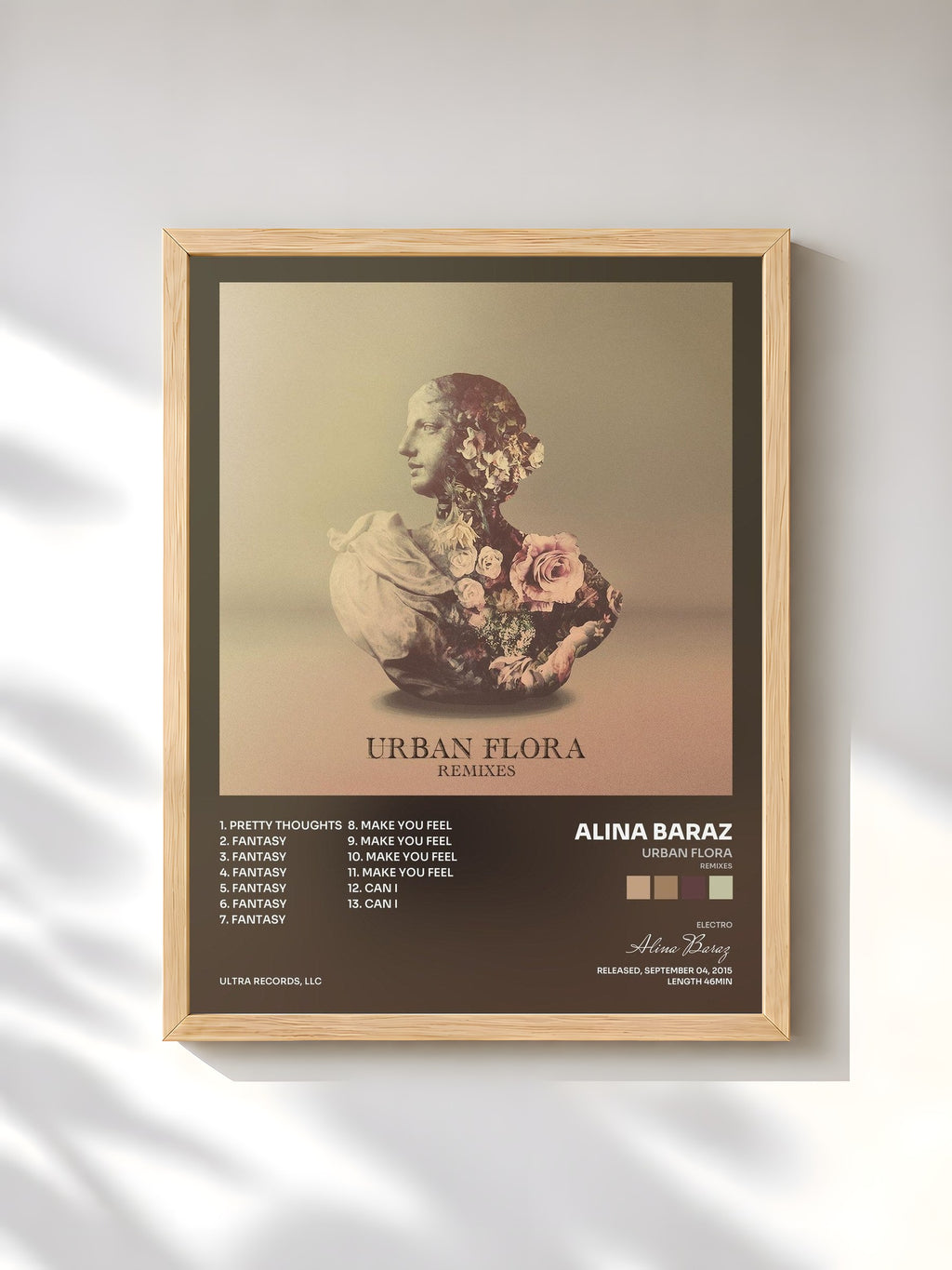 #bois Tableau de l'album Urban Flora (Remixes) de Alina Baraz, cadre en bois brut, imprimé et encadré en France