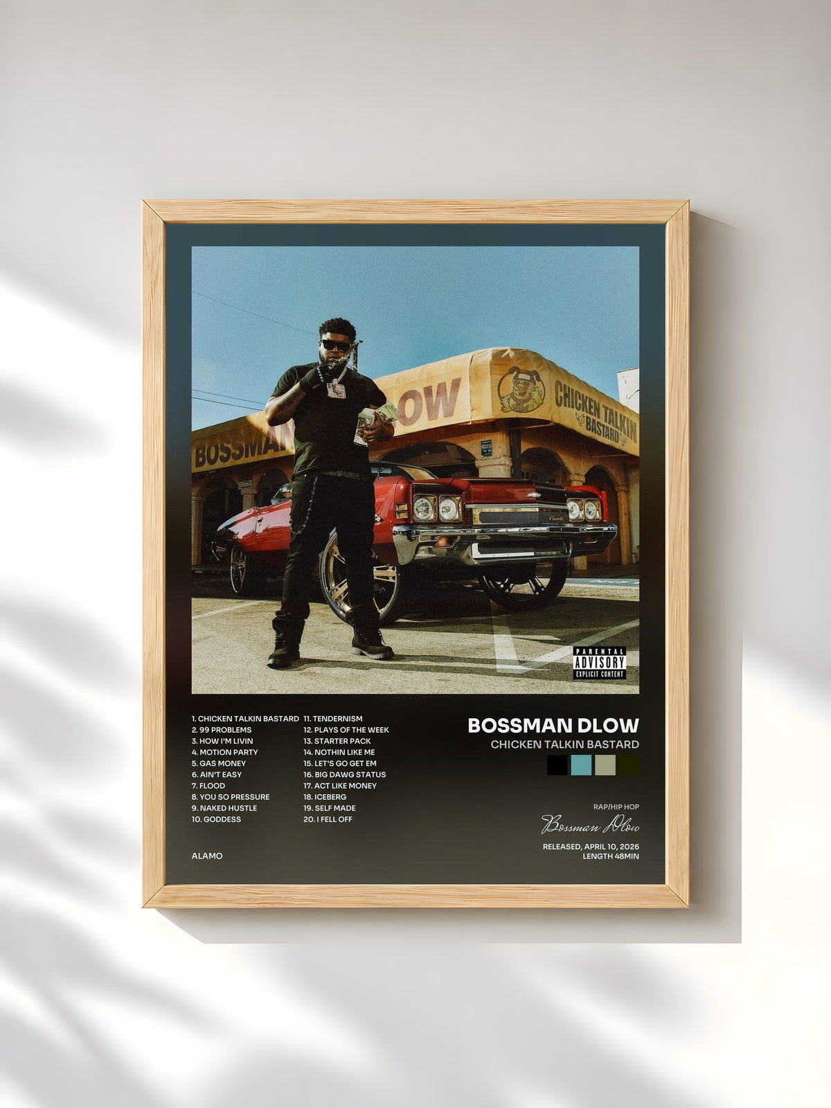 #bois Tableau de l'album Chicken Talkin Bastard de Bossman Dlow, cadre en bois brut, imprimé et encadré en France