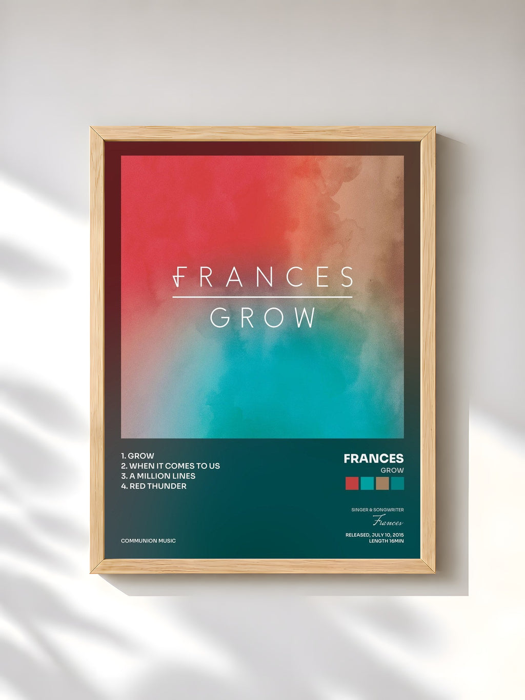 #bois Tableau de l'album Grow de Frances, cadre en bois brut, imprimé et encadré en France