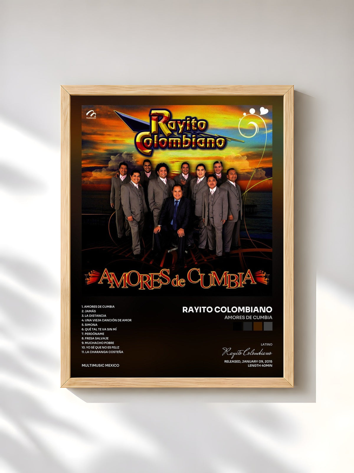 #bois Tableau de l'album Amores de Cumbia de Rayito Colombiano, cadre en bois brut, imprimé et encadré en France